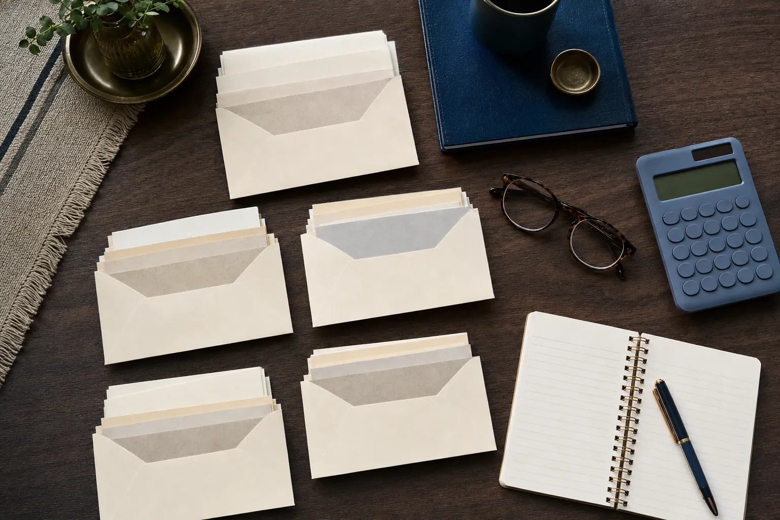 Envelopes, a calculator, notebook, and reading glasses arranged for a household spending review.