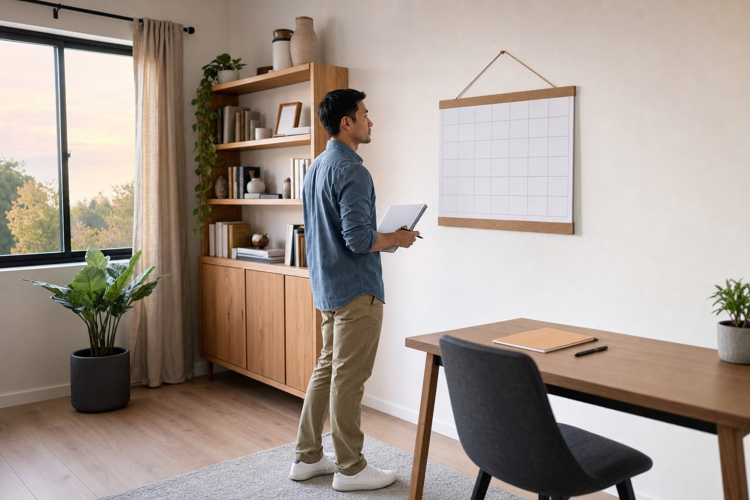 An adult holding a notebook while reviewing a blank wall calendar in a calm home office.