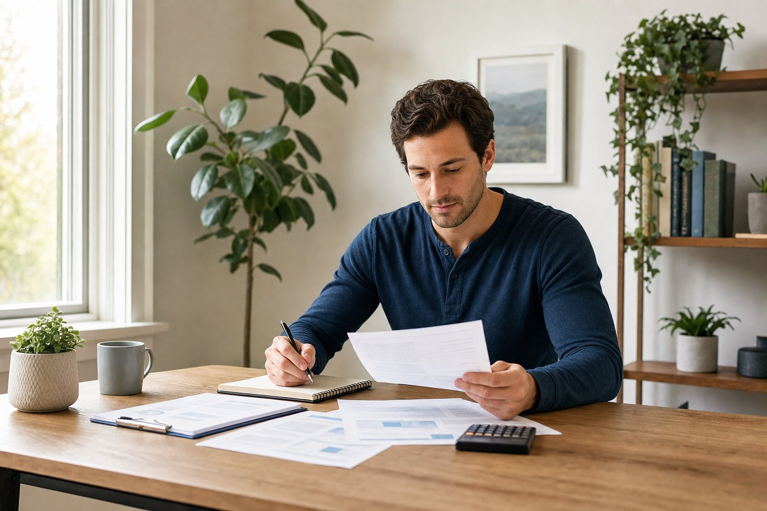 A professional in their thirties reviewing retirement-account paperwork, a calculator, and planning notes at a home desk.
