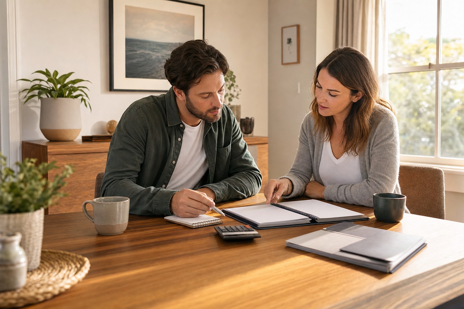 Two adults in their thirties reviewing a retirement plan folder, notebook, and calculator at a dining table.