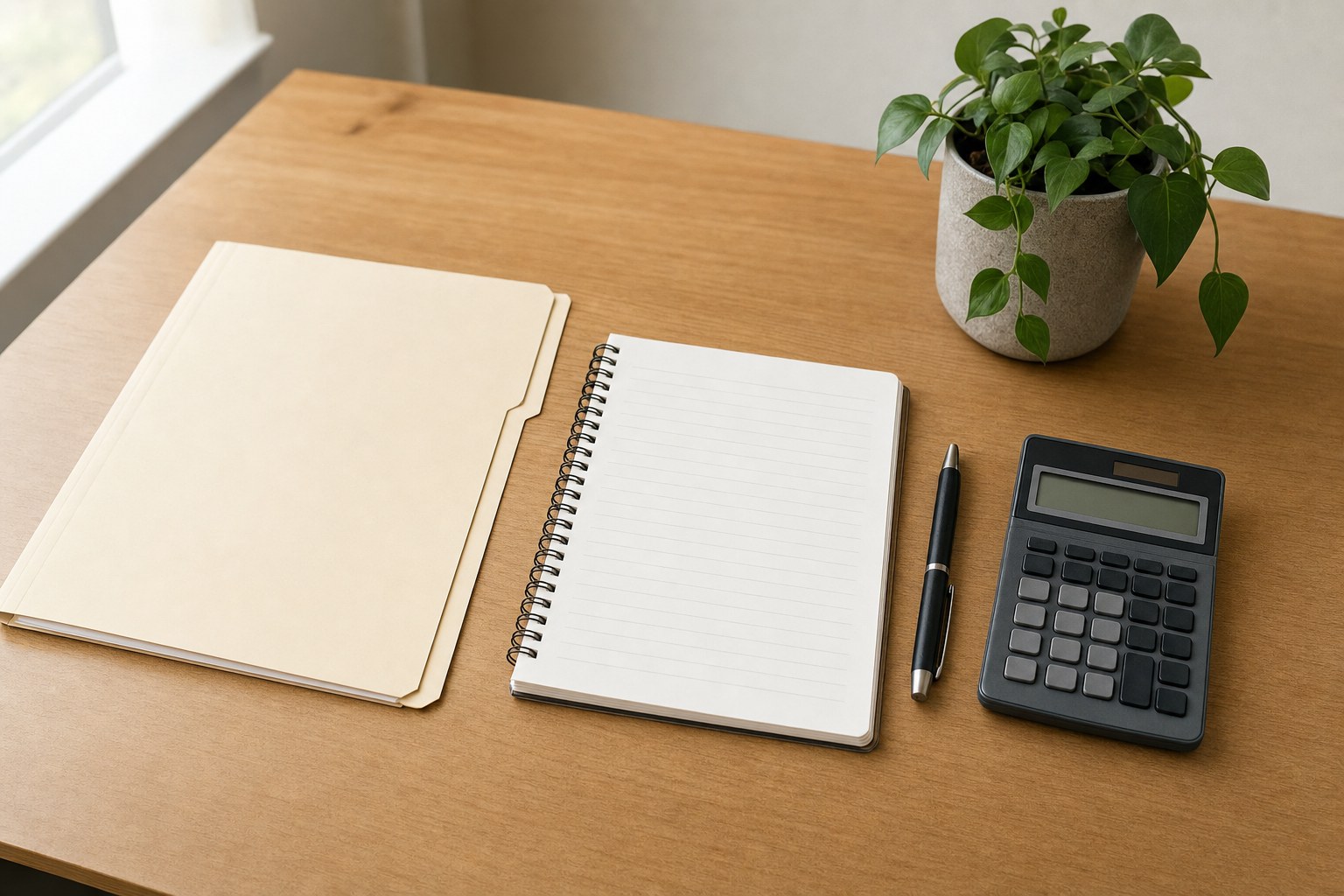 A blank planning folder, notebook, calculator, and pen arranged on a home desk.