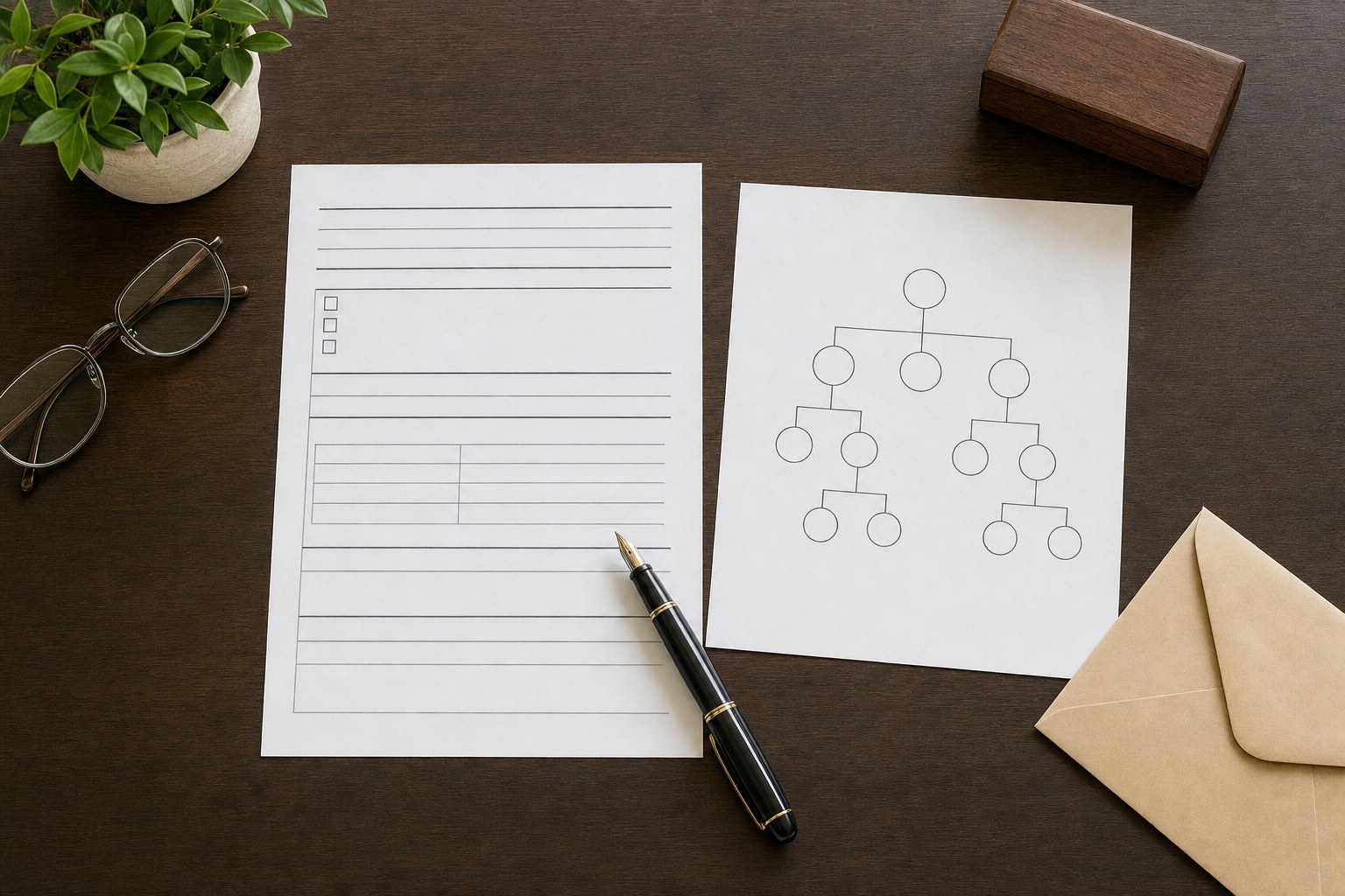 A beneficiary designation form beside a simple family tree diagram, envelope, pen, and reading glasses.