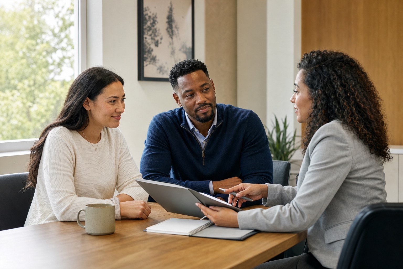 A couple meeting with a financial advisor to discuss family protection and planning documents.