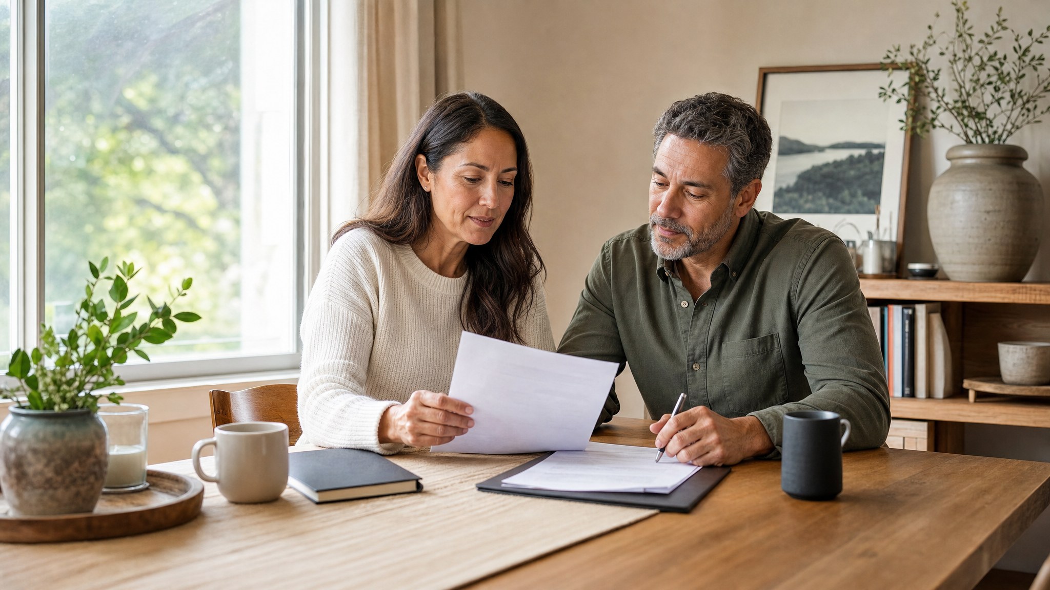 A couple reviewing financial documents and a beneficiary form together at their dining table.