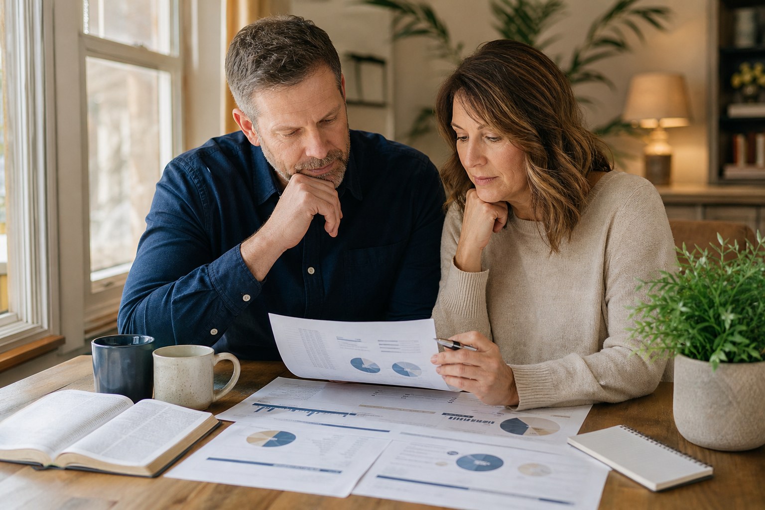 A couple reviewing investment materials together at home.