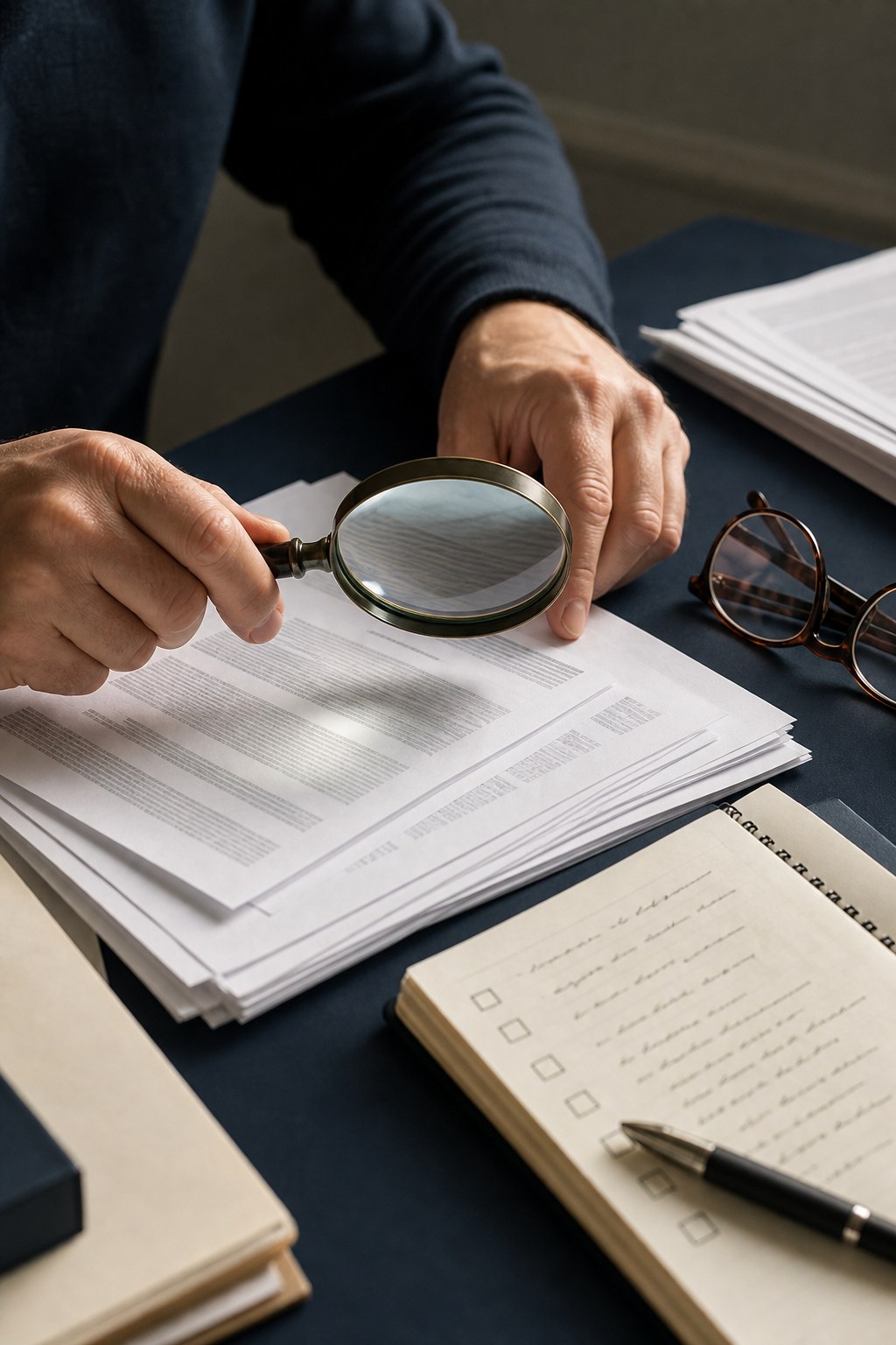 A close view of a person examining investment documents with a magnifying glass.