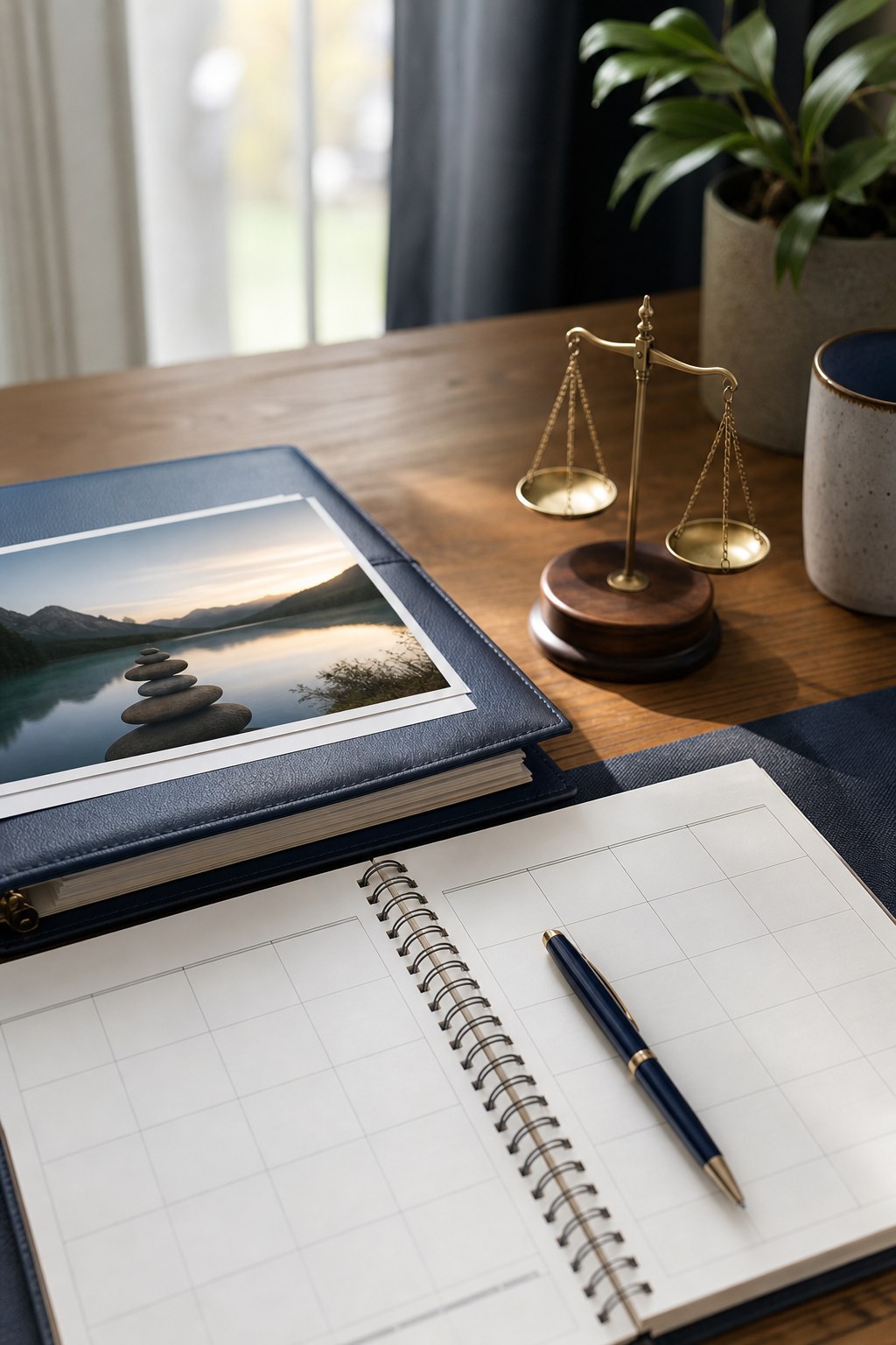 A planning desk with a portfolio folder, calendar notebook and balance scale.