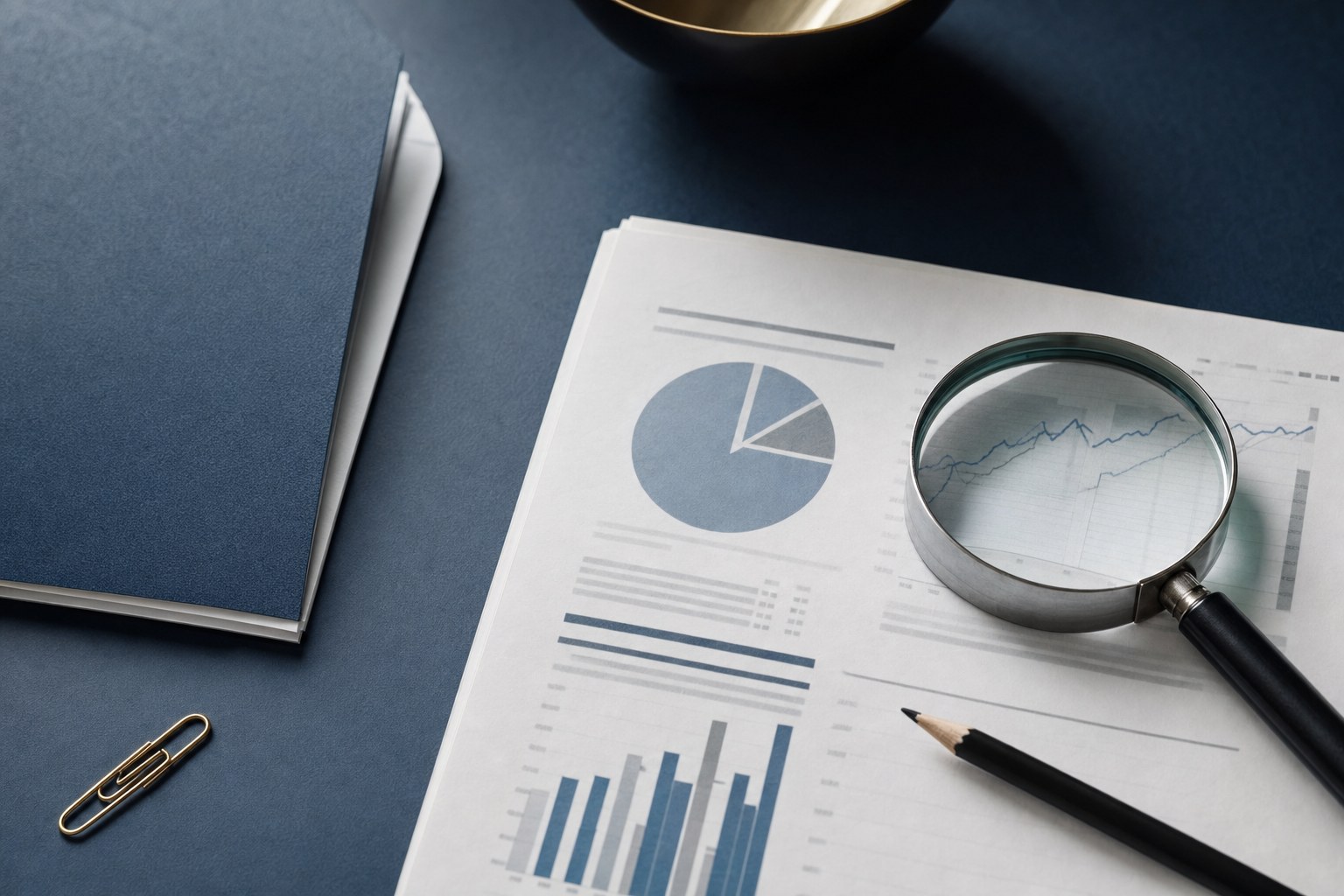 A generic fund fact sheet, pencil and magnifying glass on a navy desk.