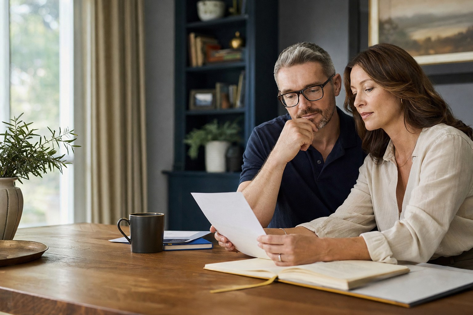 A couple thoughtfully reviewing investment documents together.