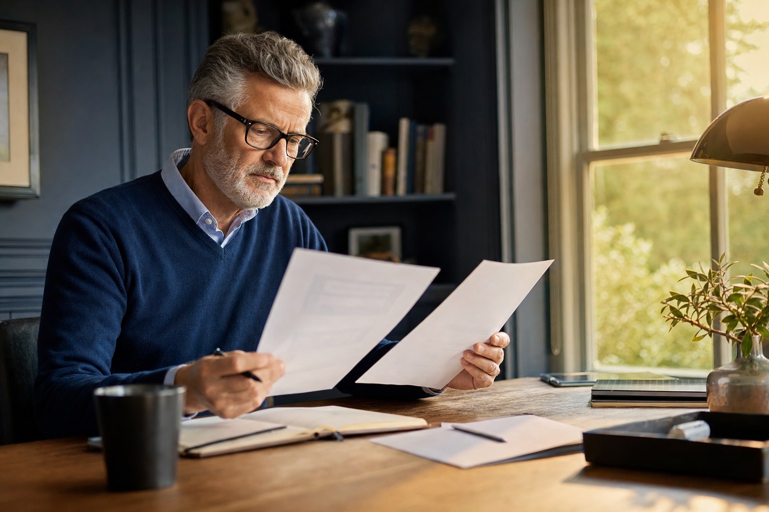 An investor comparing two generic financial documents at a home desk.