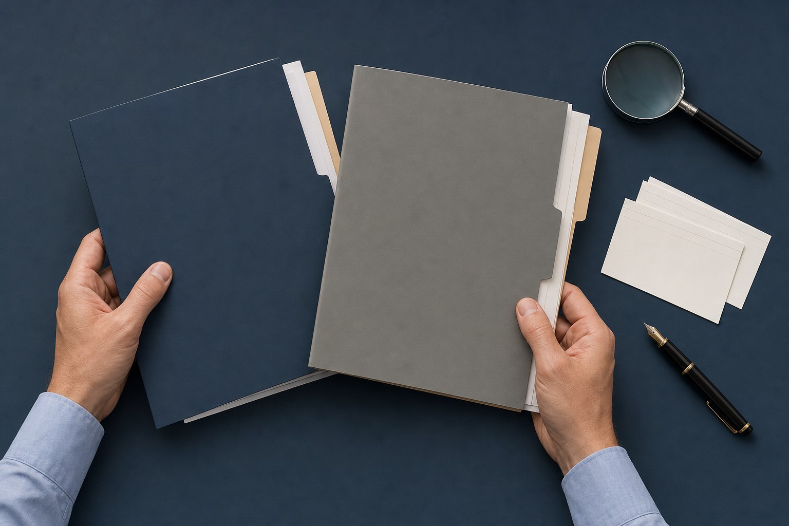 Generic research folders, a magnifying glass and a pen arranged on a navy desk.