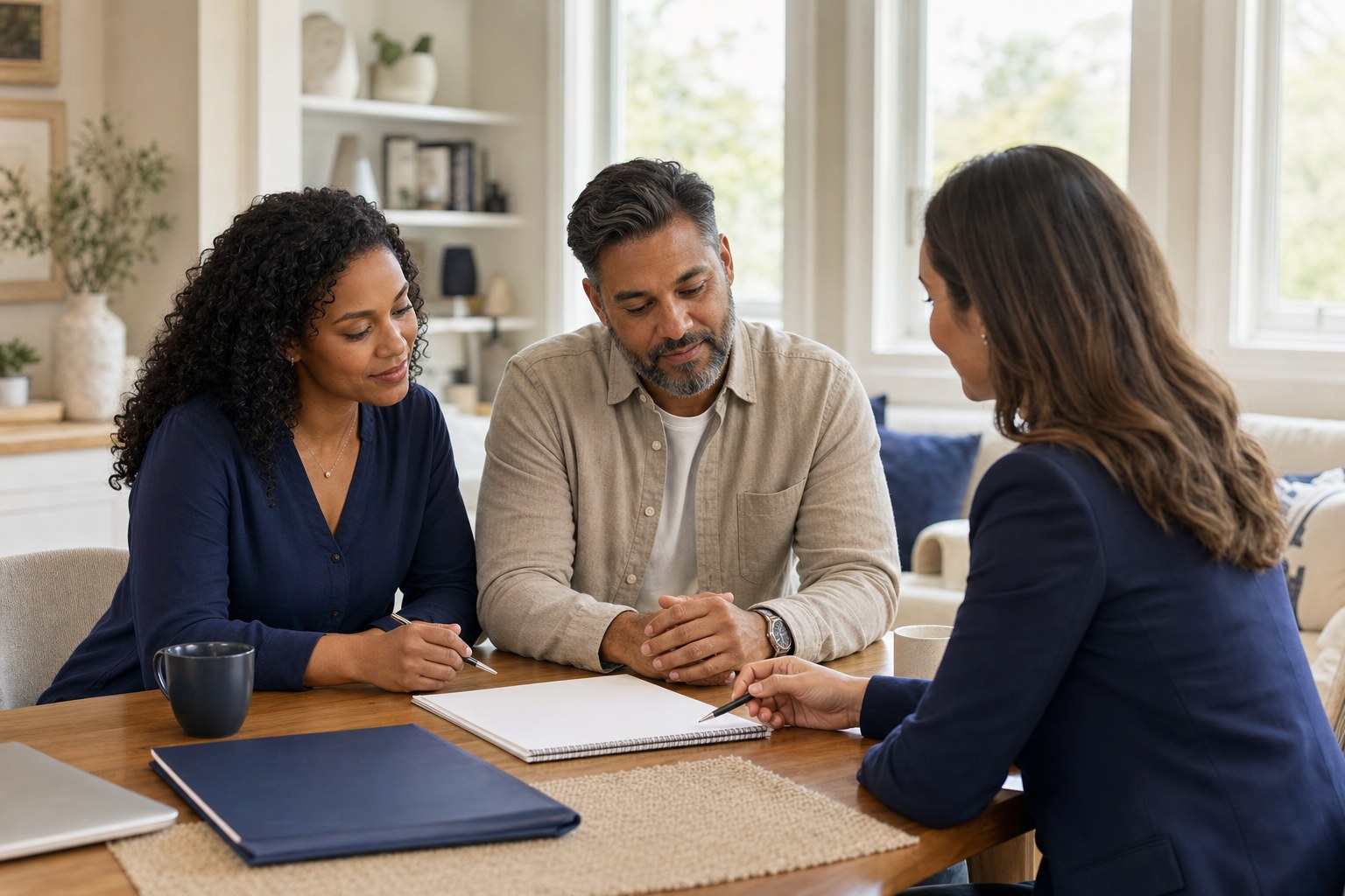 A couple and financial professional discussing a long-term planning worksheet at a home table.