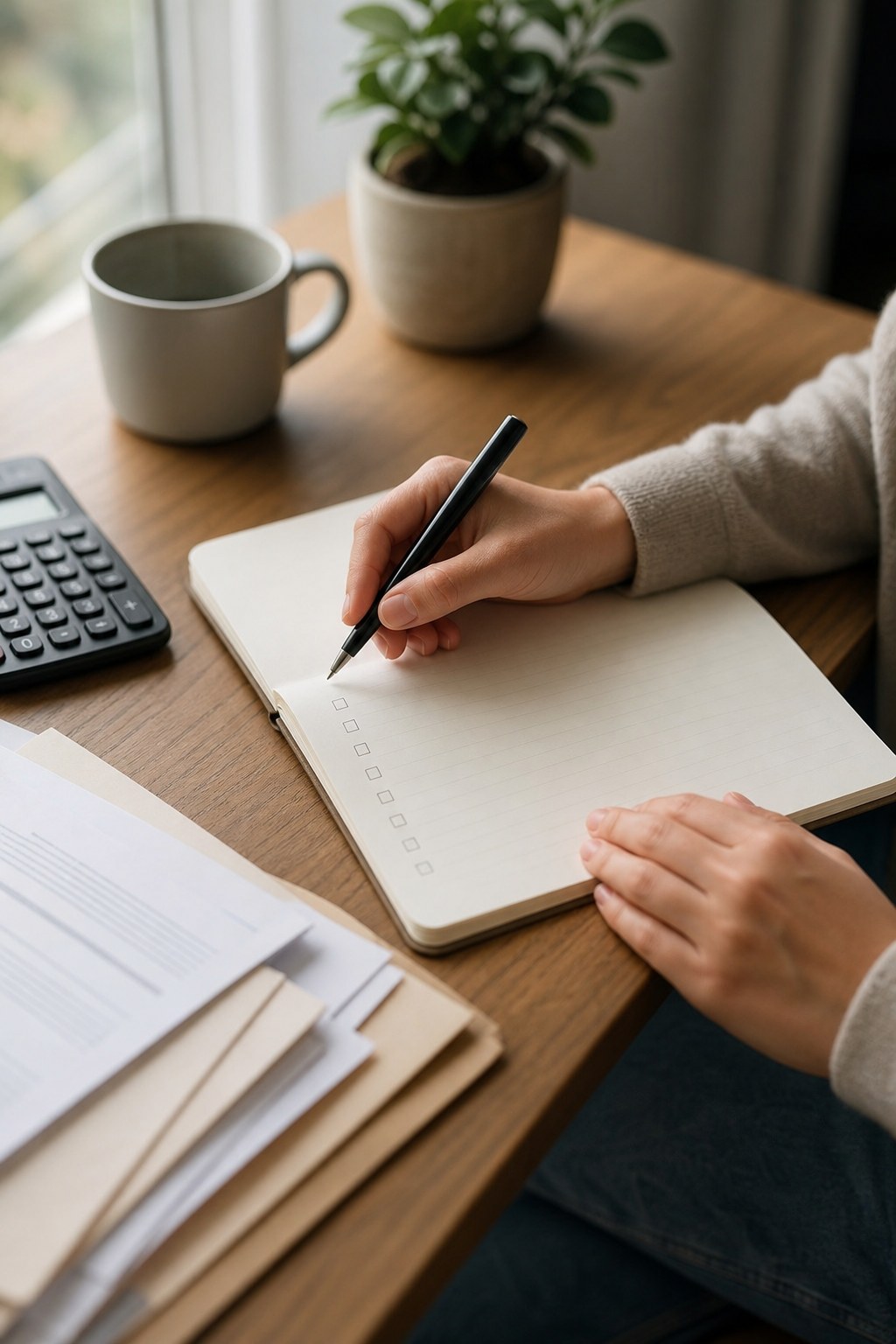 A person making a careful financial checklist beside a calculator.