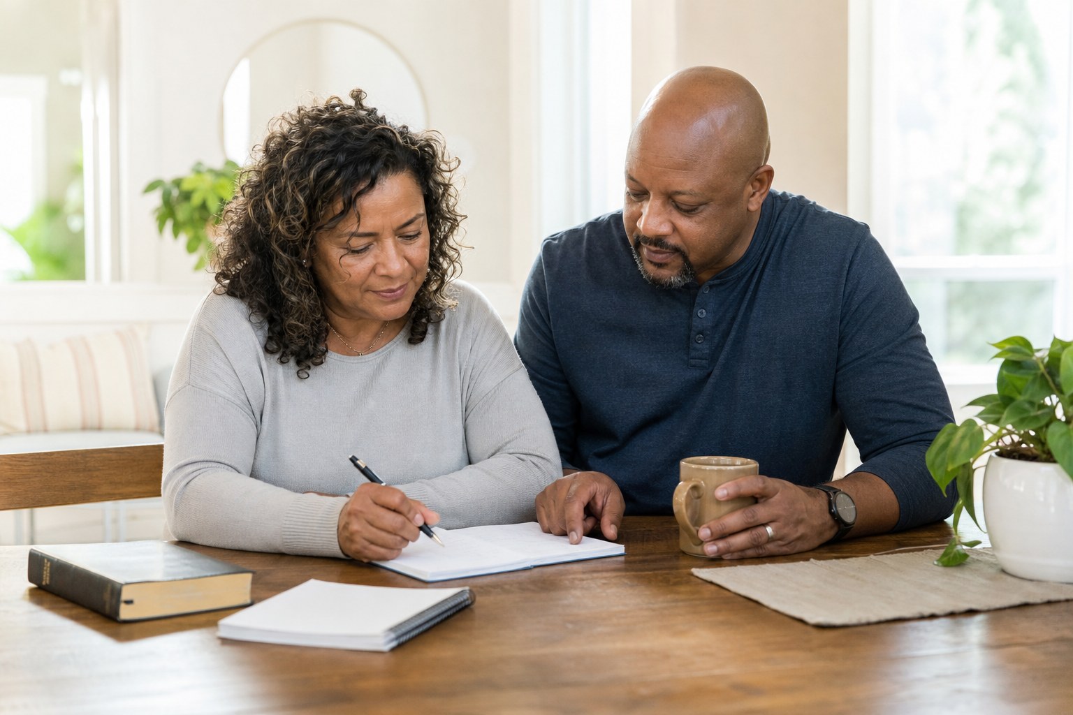 A couple thoughtfully reviewing their household financial plan.