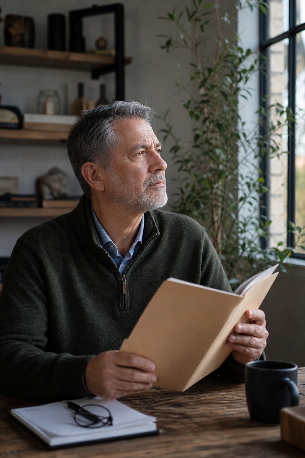 A mature investor quietly reviewing papers by a window.