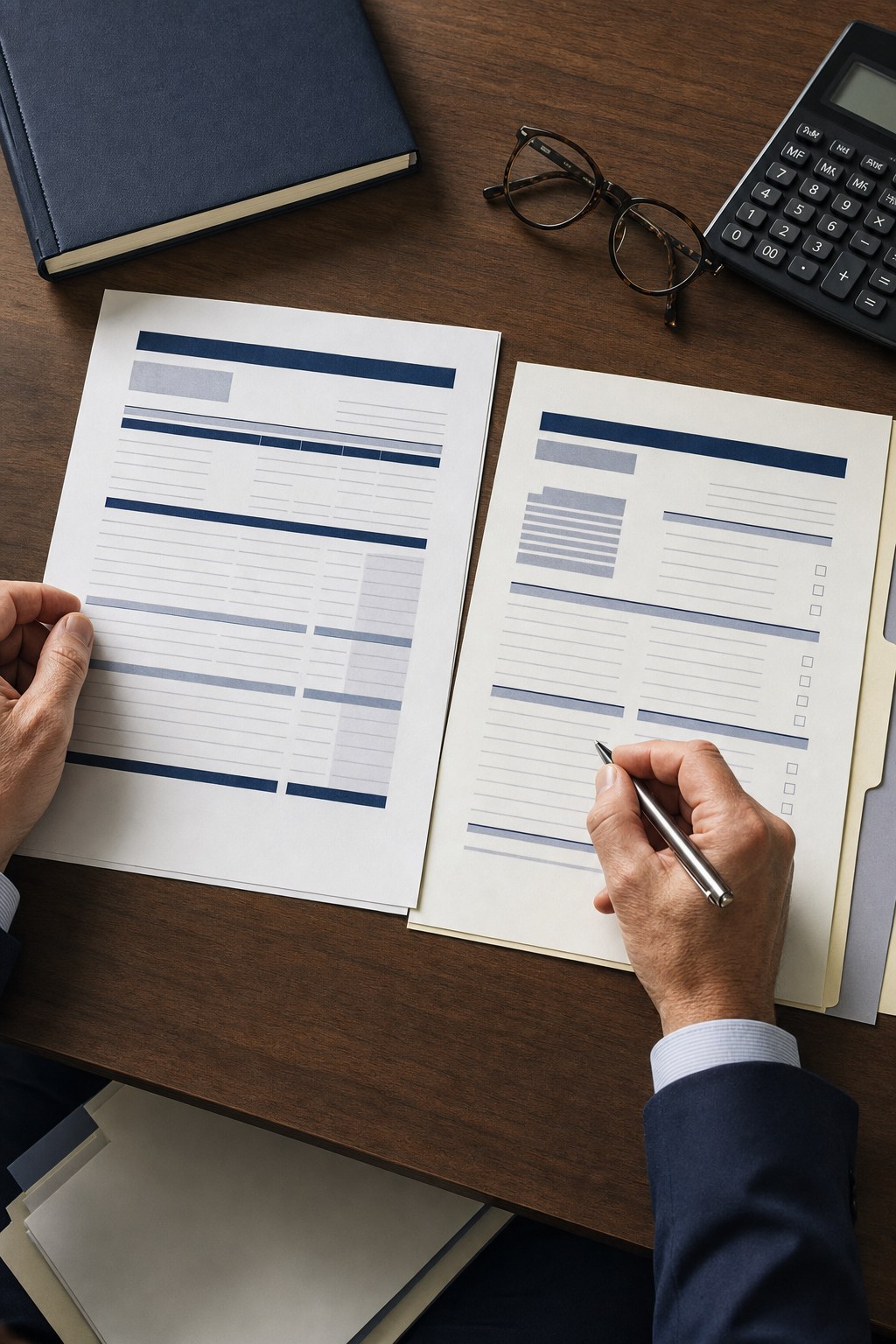 Hands comparing generic investment documents with a calculator and reading glasses.