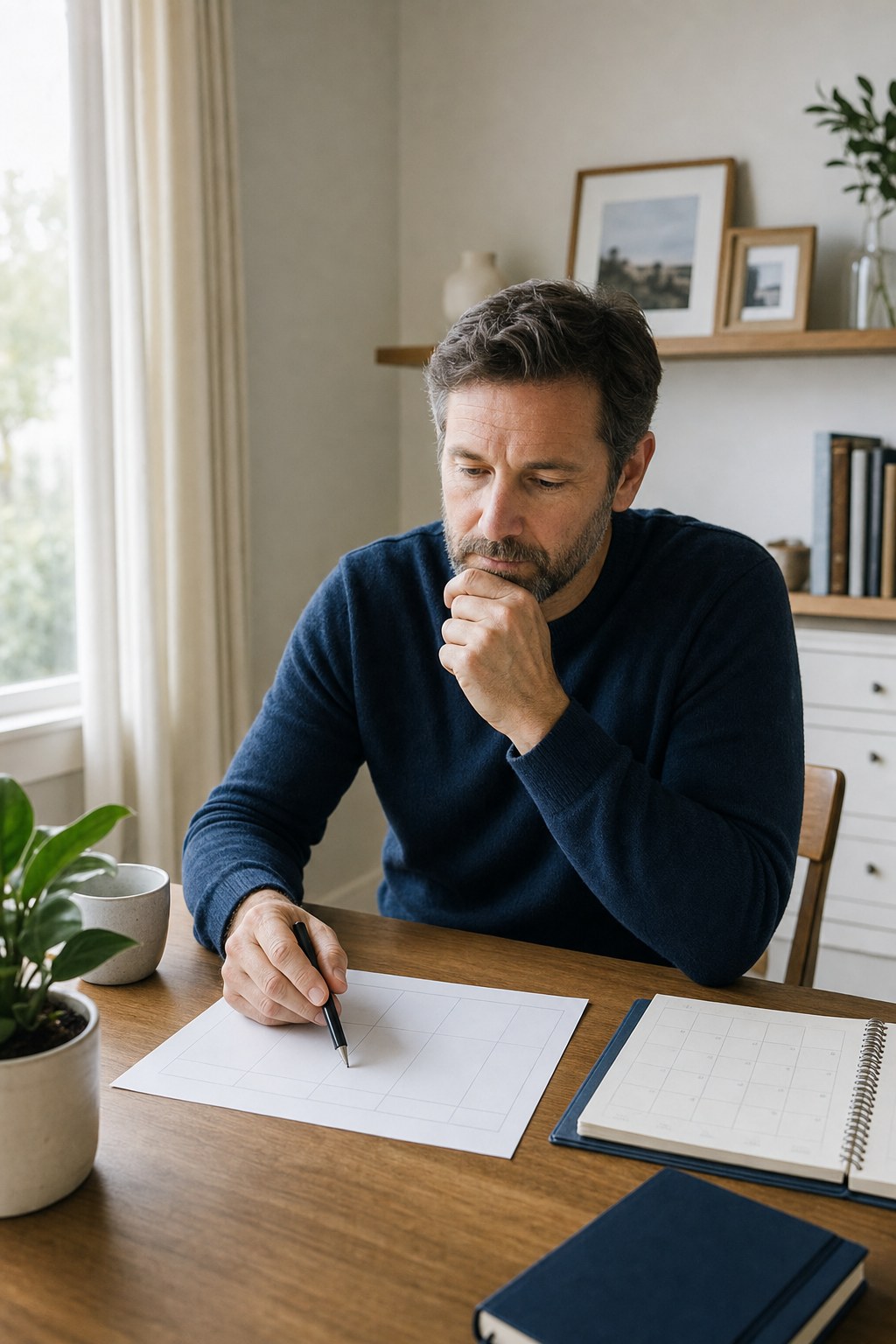 An investor considering a blank allocation worksheet at a home desk.