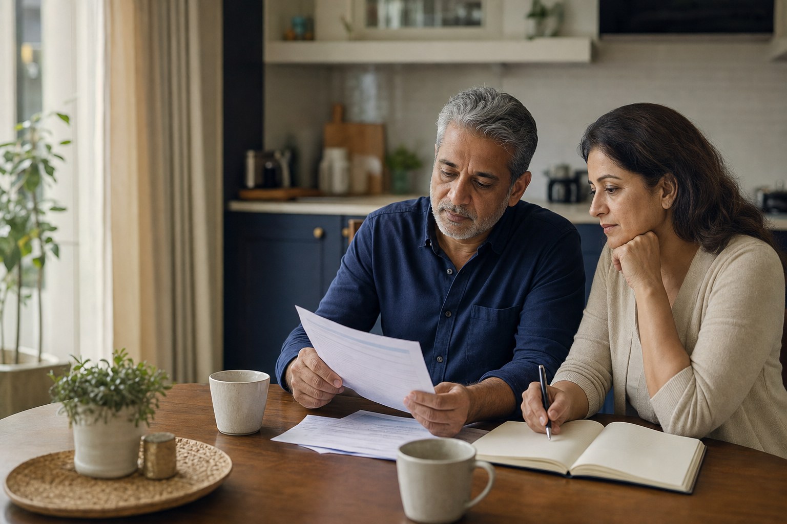 A couple reviewing investment documents at their kitchen table.