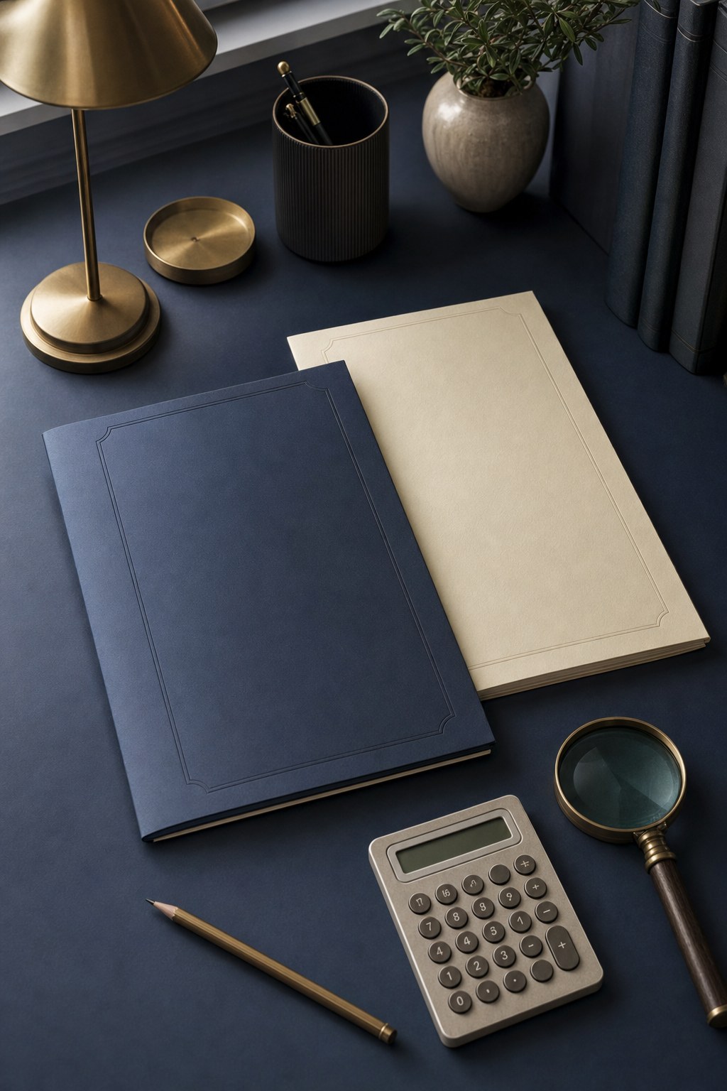 Two unlabeled investment folders, a calculator and a magnifying glass on a navy desk.