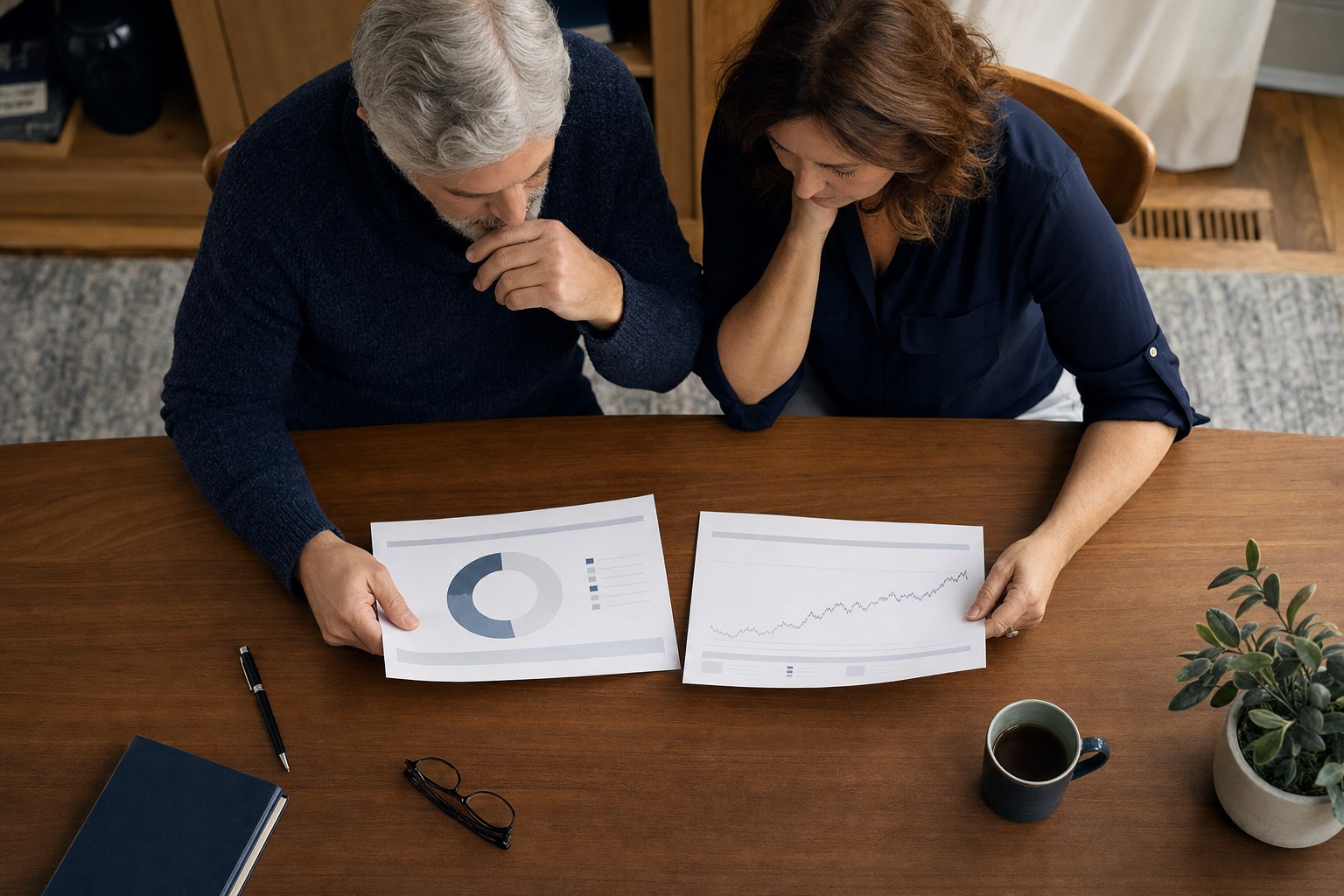 A couple comparing two investment documents at a table.