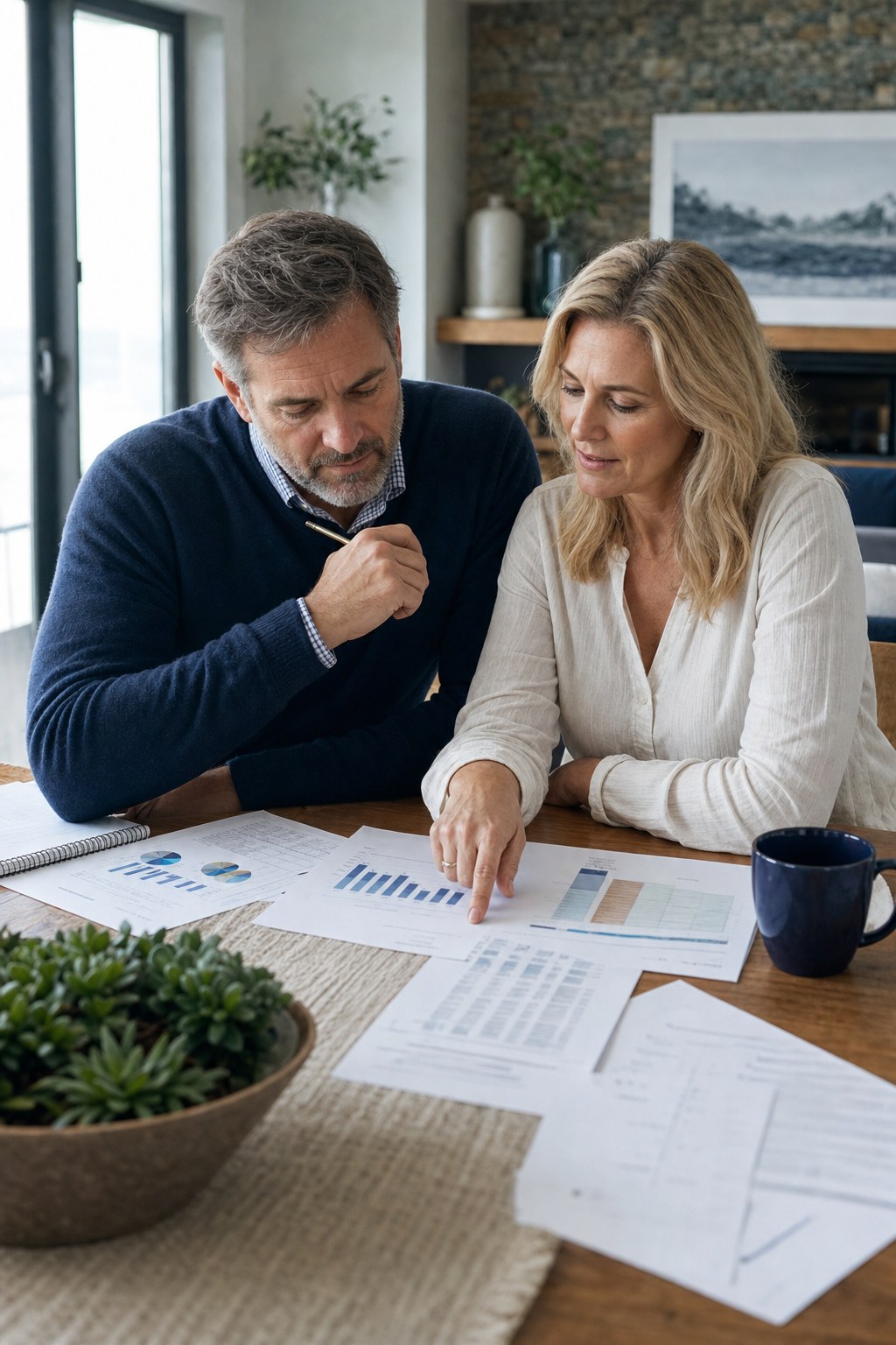 A couple reviewing household investment papers together at a table.