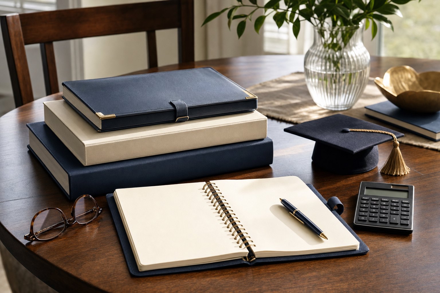 A college savings planning table with organized folders, a graduation cap, calculator, glasses, and blank notebook.