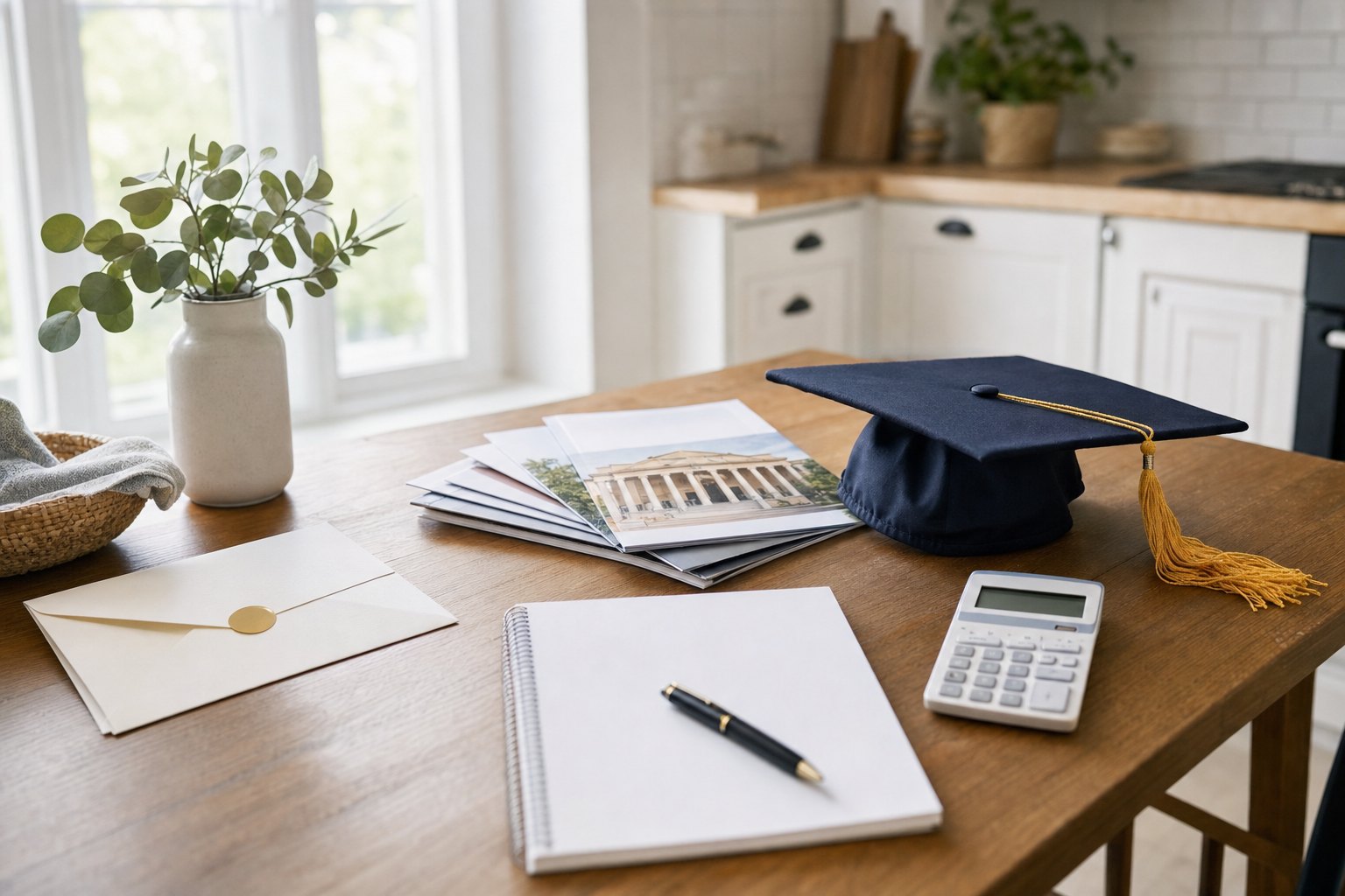 A college savings planning desk with a calculator, blank notebook, education materials, and graduation cap.