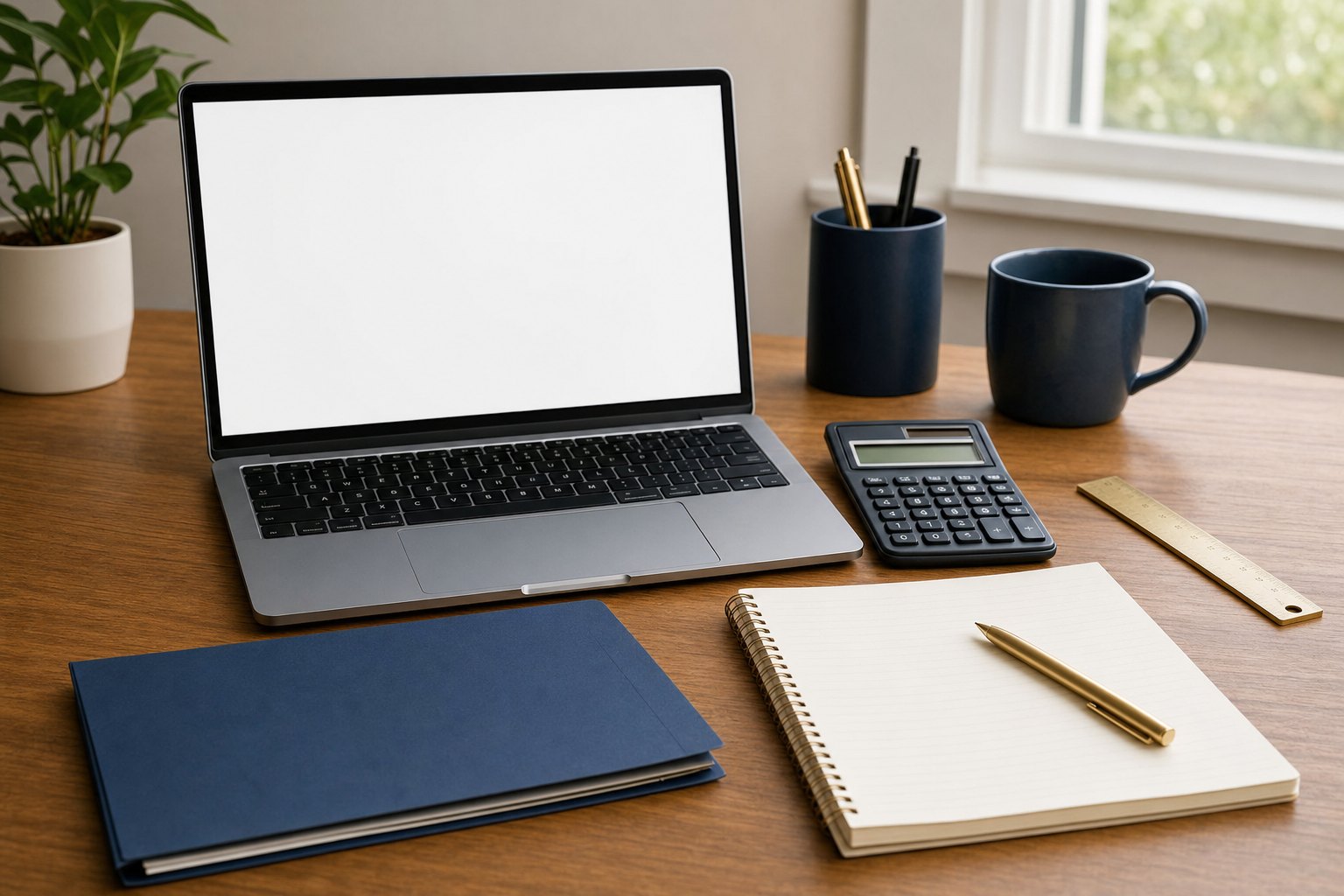 A laptop, calculator, notebook, folder, and ruler arranged for estimating college costs.