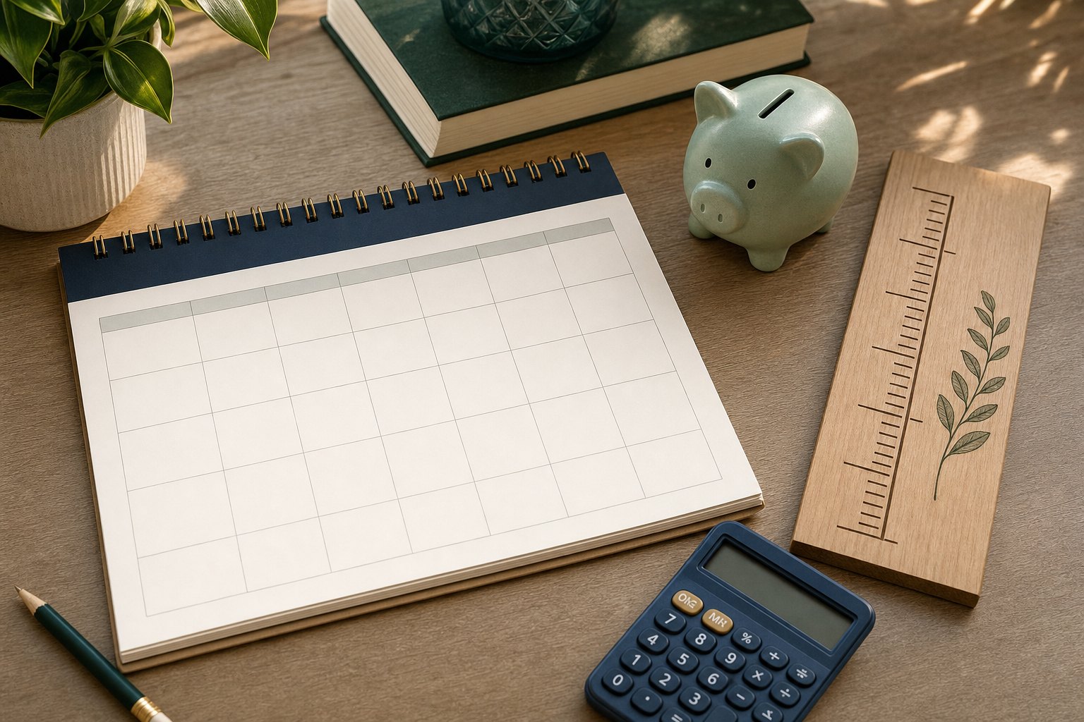 A blank calendar, piggy bank, calculator, pencil, and growth ruler arranged for a college savings timeline.