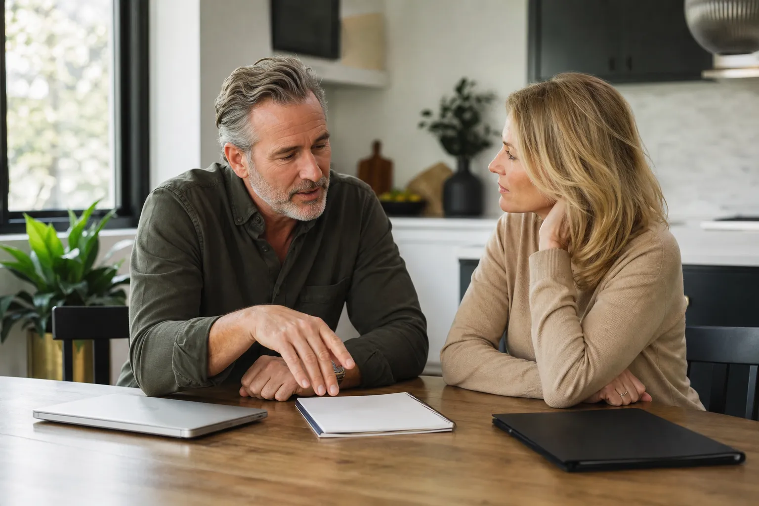 A couple discussing household plans at a kitchen table with a notebook between them.