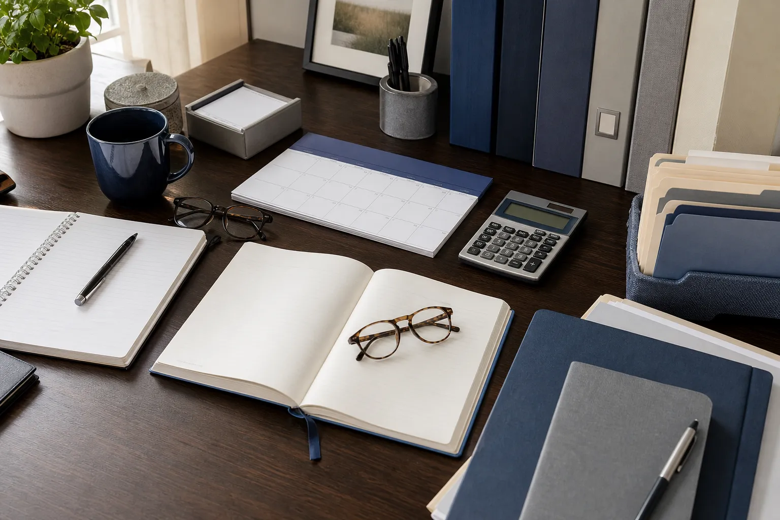 An organised planning desk with notebooks, a calendar, a calculator, and household records.