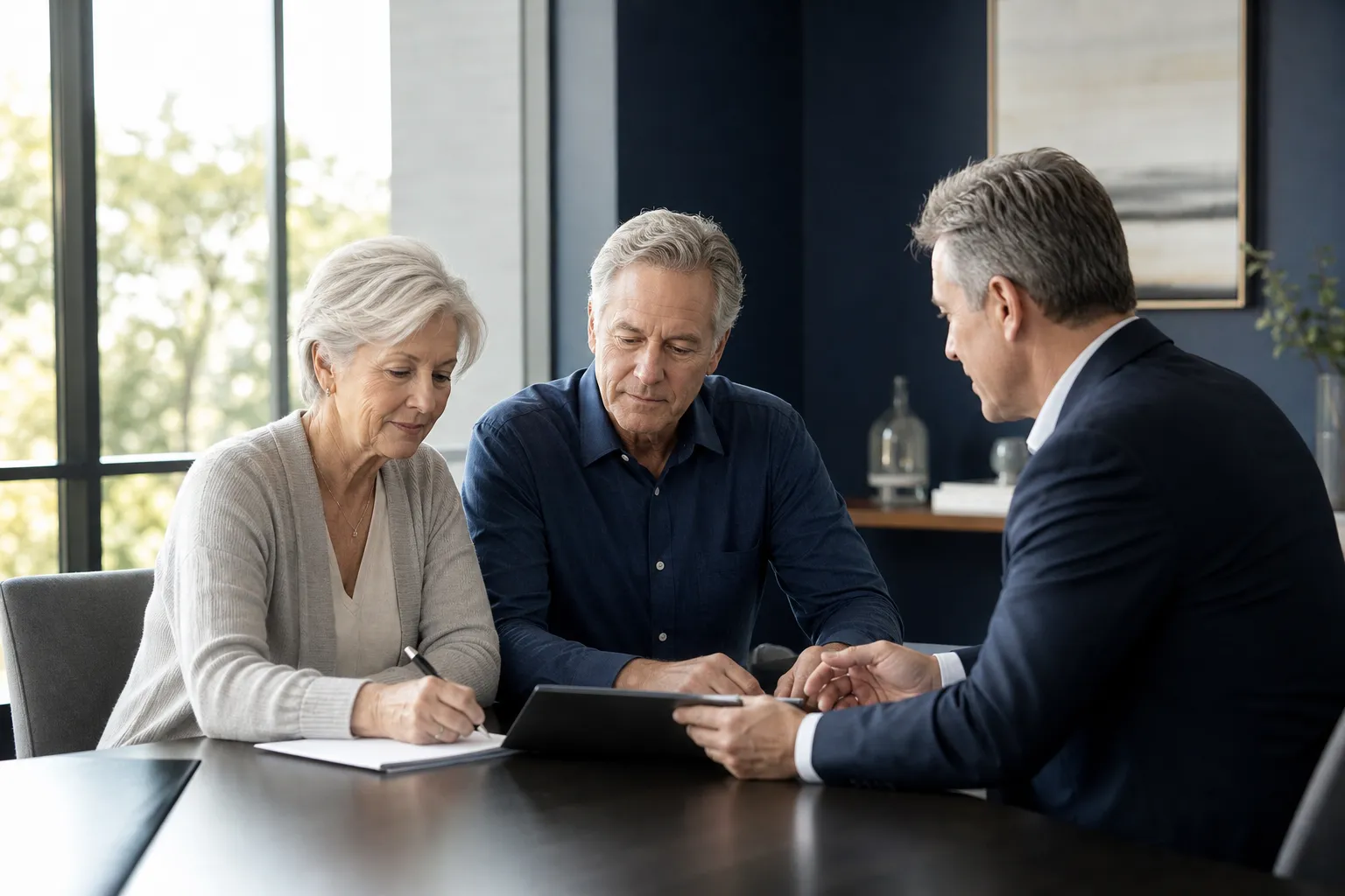 A couple meeting with an advisor to review long-term planning documents at a conference table.
