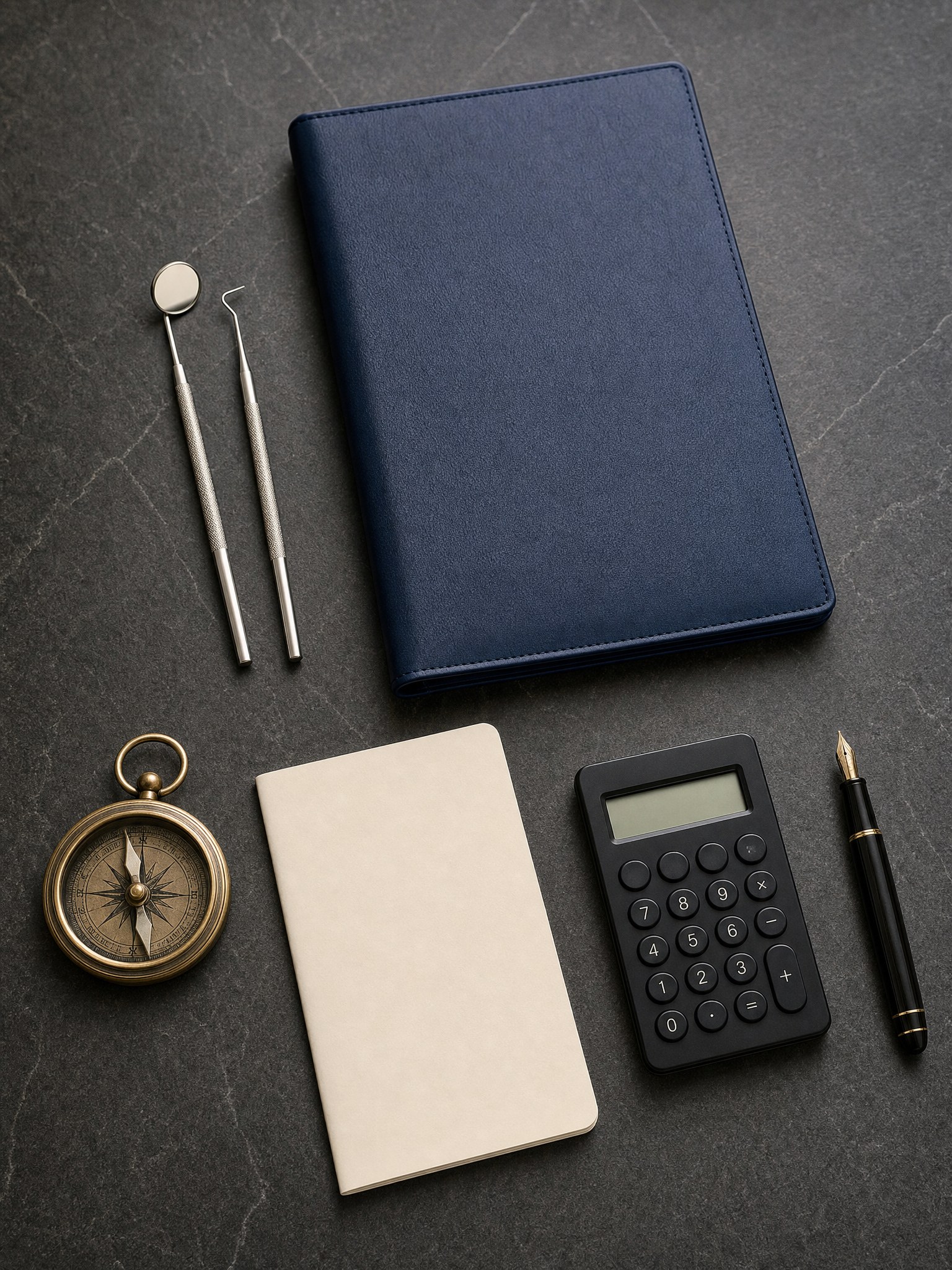 Dental instruments, a navy planning folder, compass, notebook, calculator, and fountain pen on a dark stone desk.