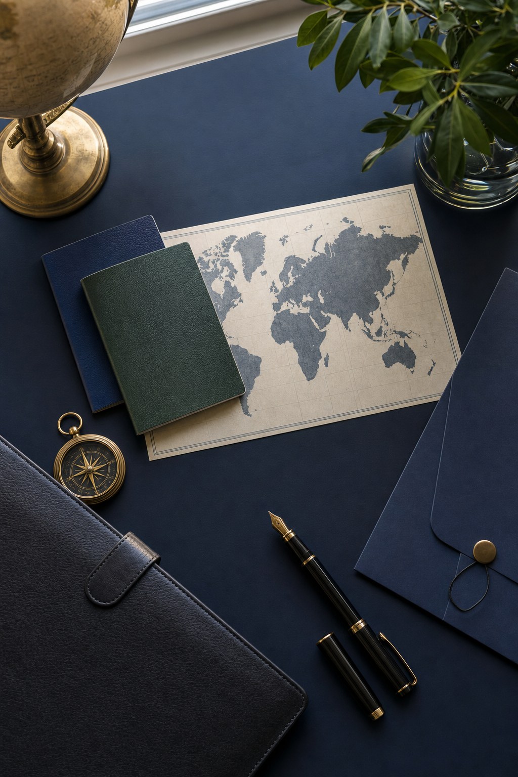 Travel documents, a compass, a world map, and financial planning materials on a navy desk.