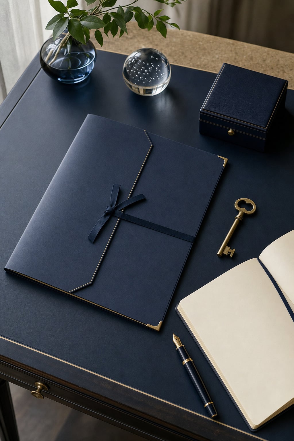 Estate folders, house key, notebook, and planning materials arranged on a navy desk.