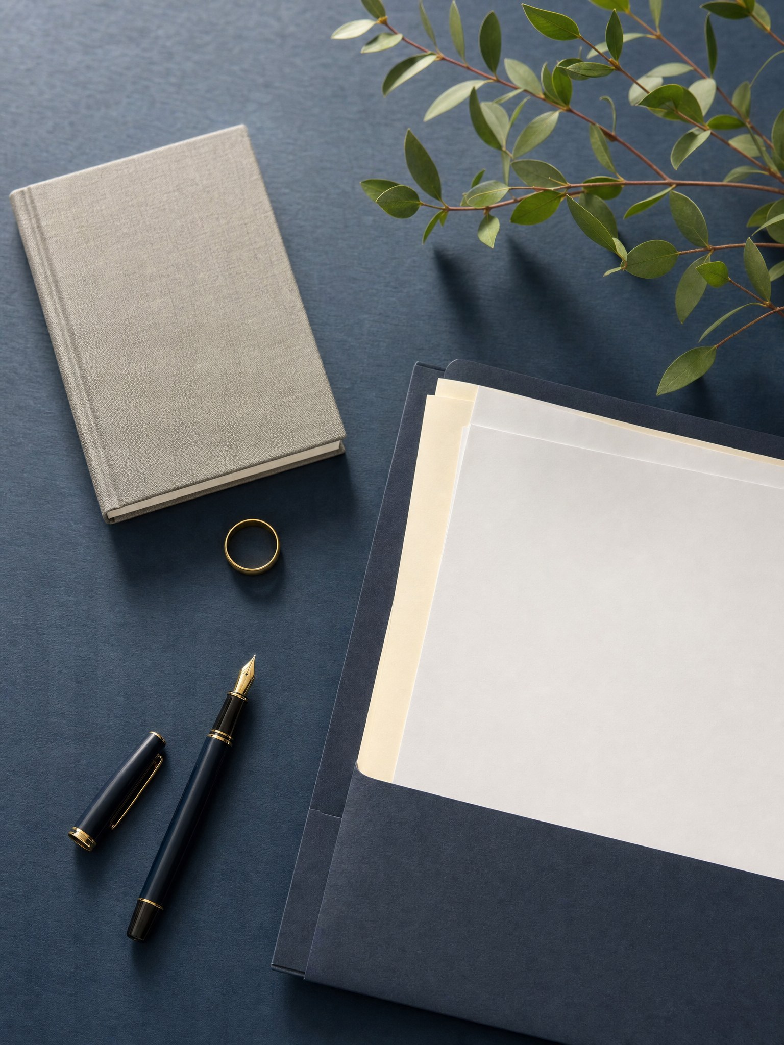 A wedding ring, notebook, pen, and blank planning papers arranged on a navy desk.