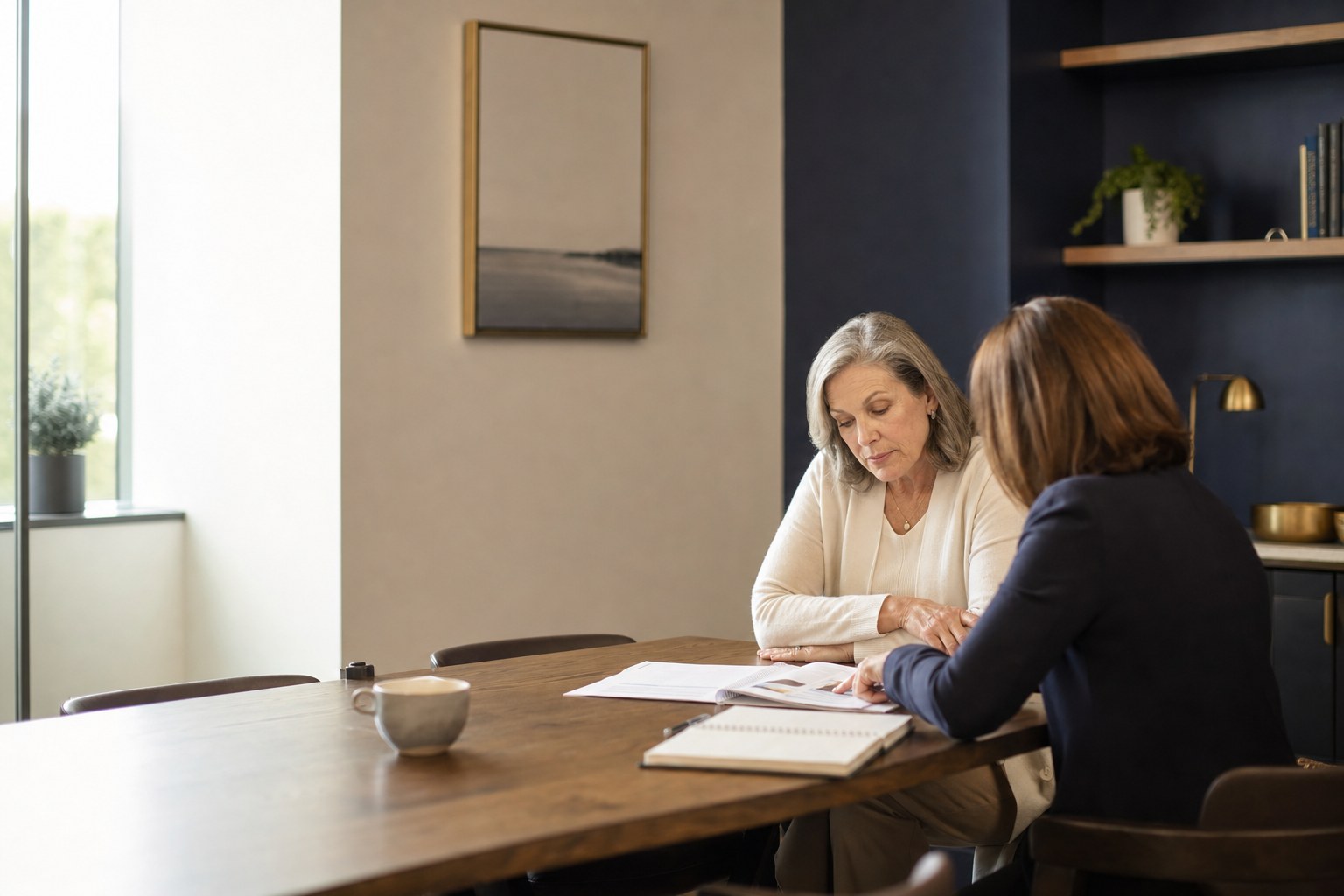 A woman meeting with a financial advisor at a table in a warm, modern office.
