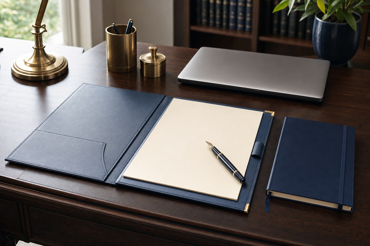 A navy portfolio, blank paper, fountain pen, and brass desk accessories in a professional office.