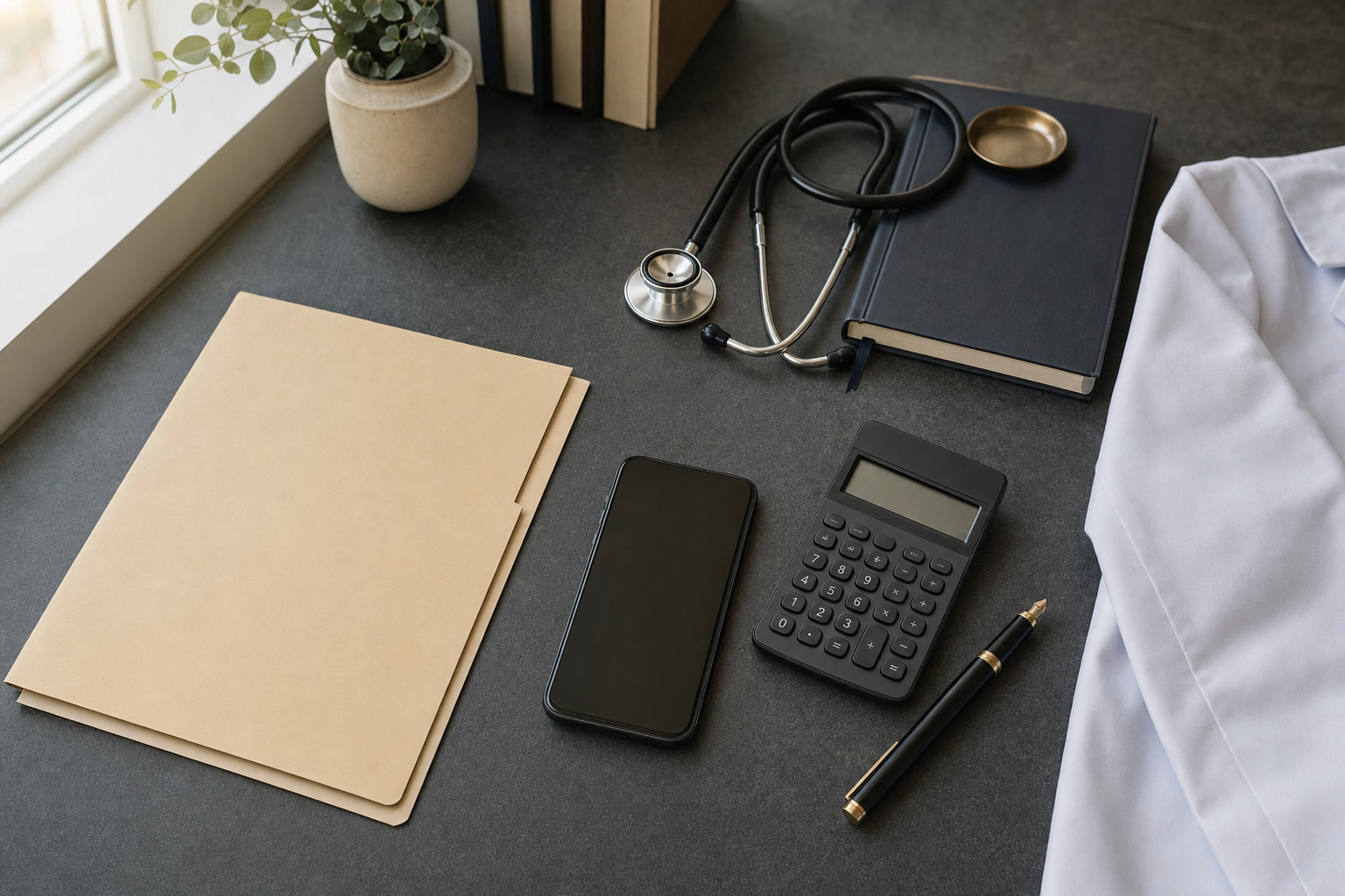 A stethoscope, planning folder, notebook, calculator, and pen arranged on a dark desk.