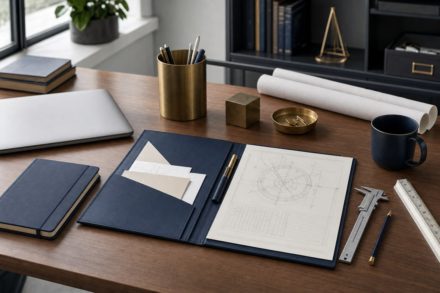 A navy portfolio, abstract technical drawing, drafting tools, and planning materials on a desk.