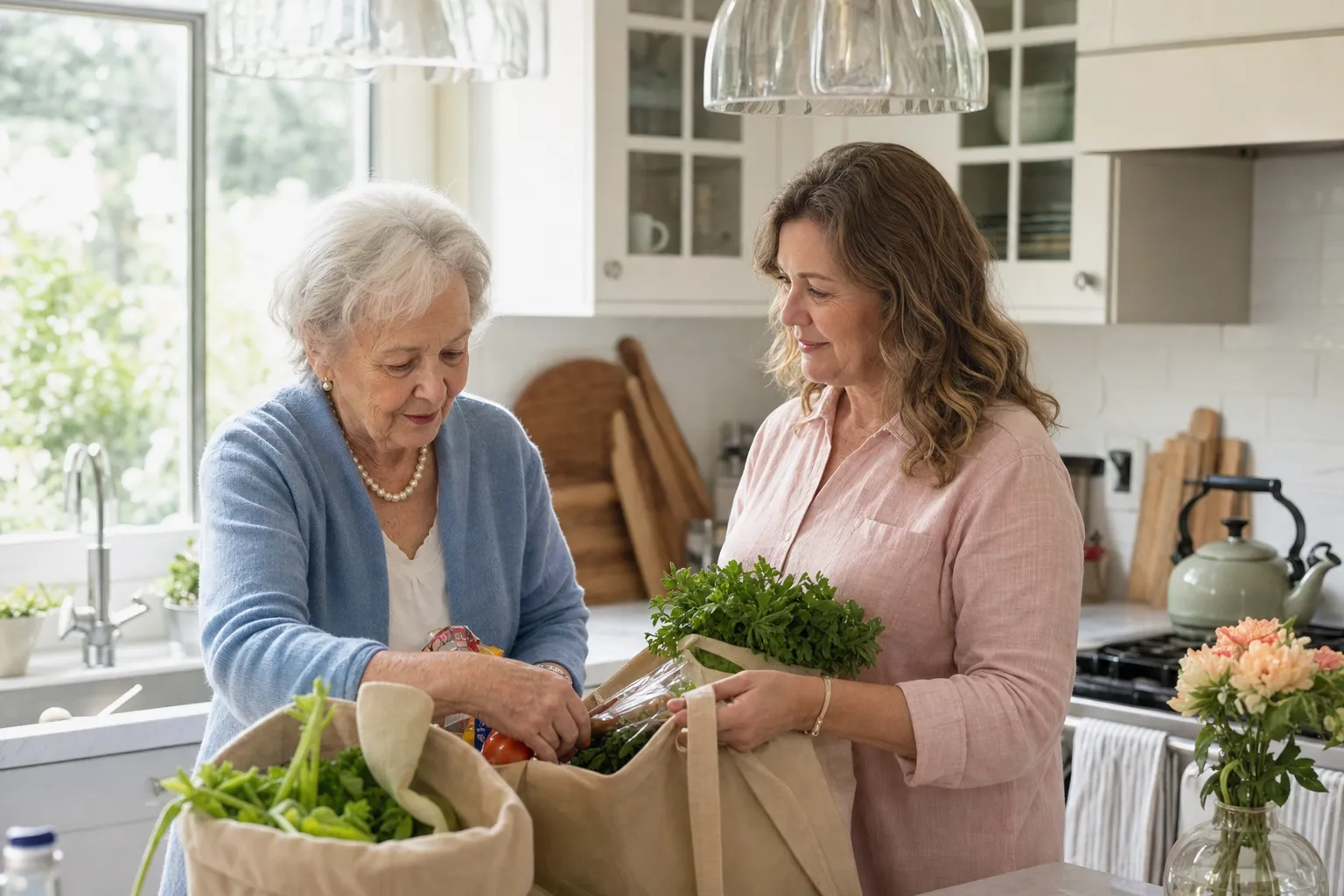 An older woman and her adult daughter organizing groceries together in a bright home kitchen.