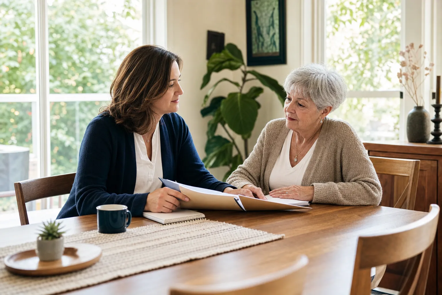 An adult daughter and her older mother reviewing a care planning folder together at a dining table.
