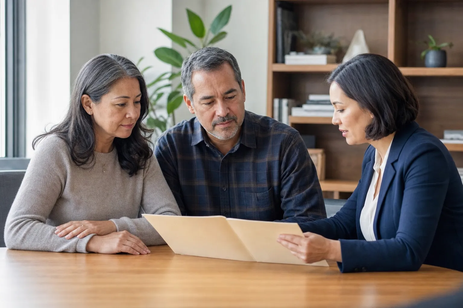 A financial advisor speaking with a couple as they review a planning folder together.