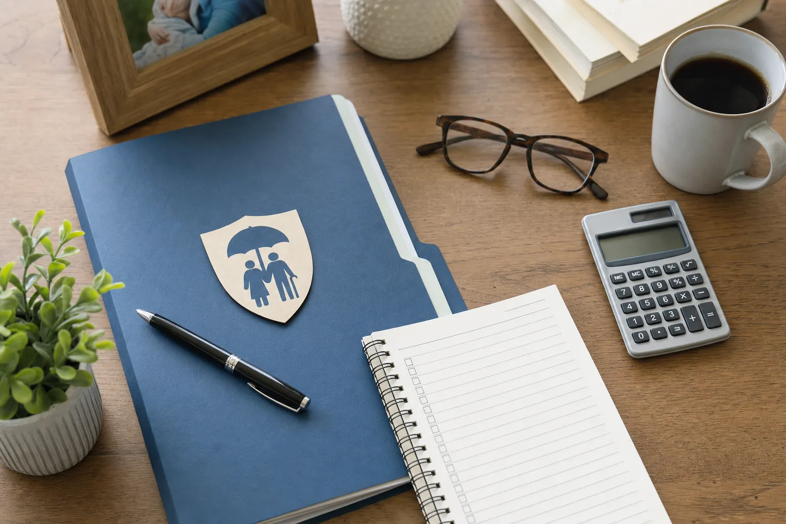 A long-term care planning folder, checklist, glasses, calculator, and pen arranged on a home desk.