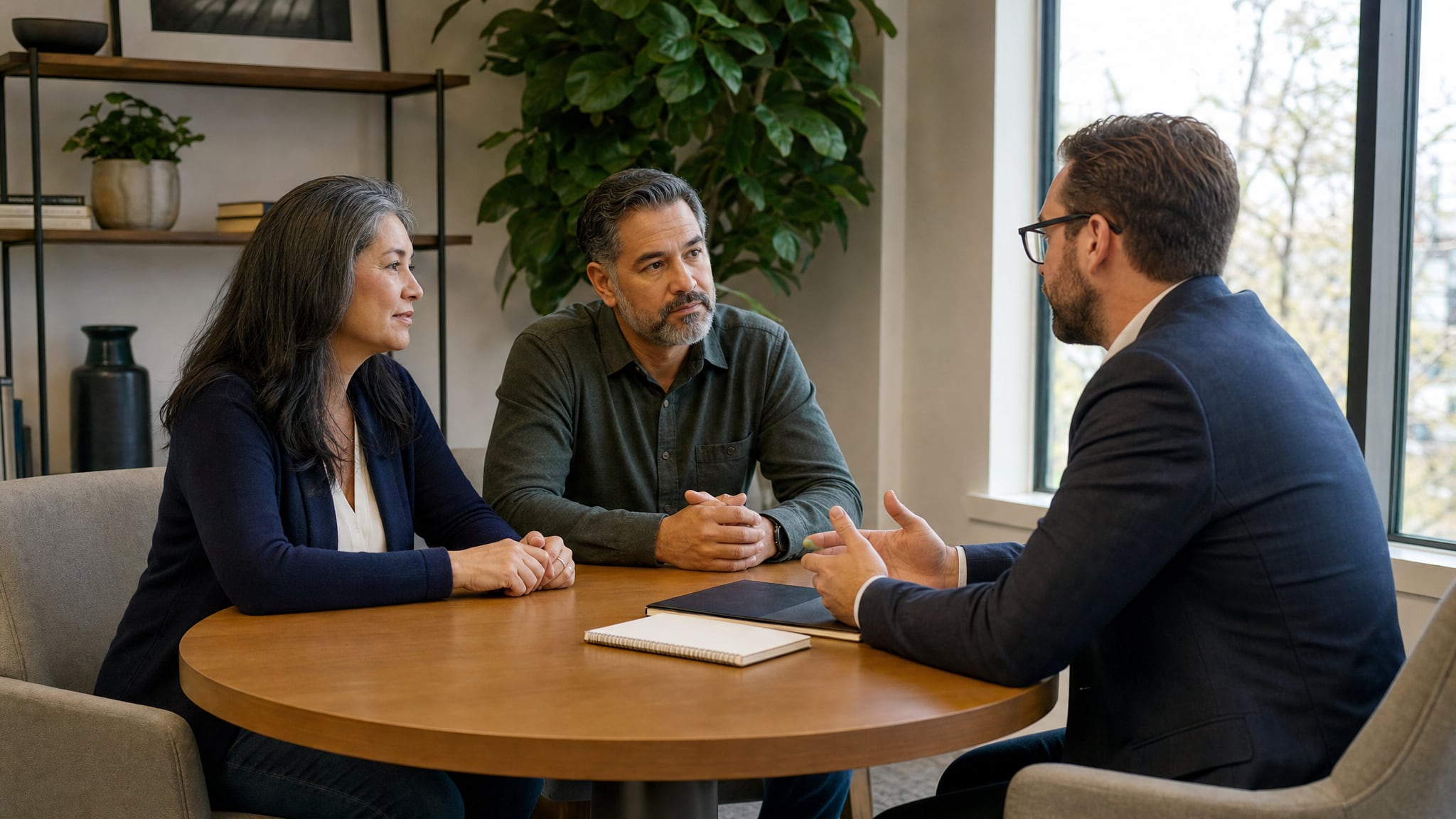 A couple discussing long-term care and financial planning with an advisor at a round table.