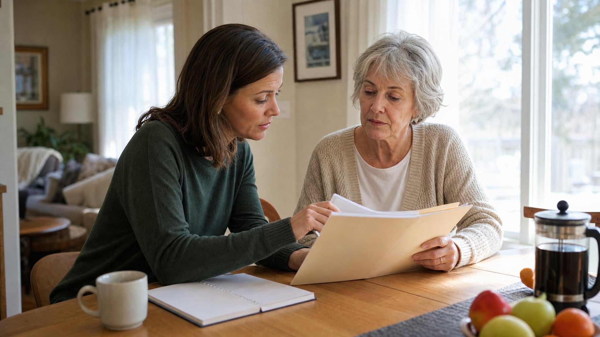 An adult daughter and her older mother reviewing a care-planning folder at a dining table.