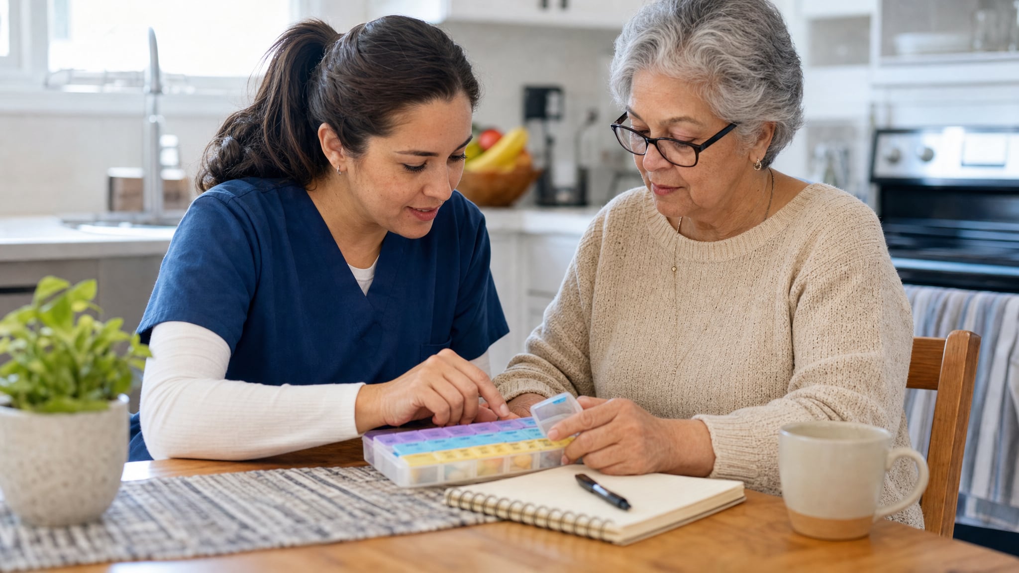 A home-care professional helping an older adult organize a weekly medication planner at a kitchen table.