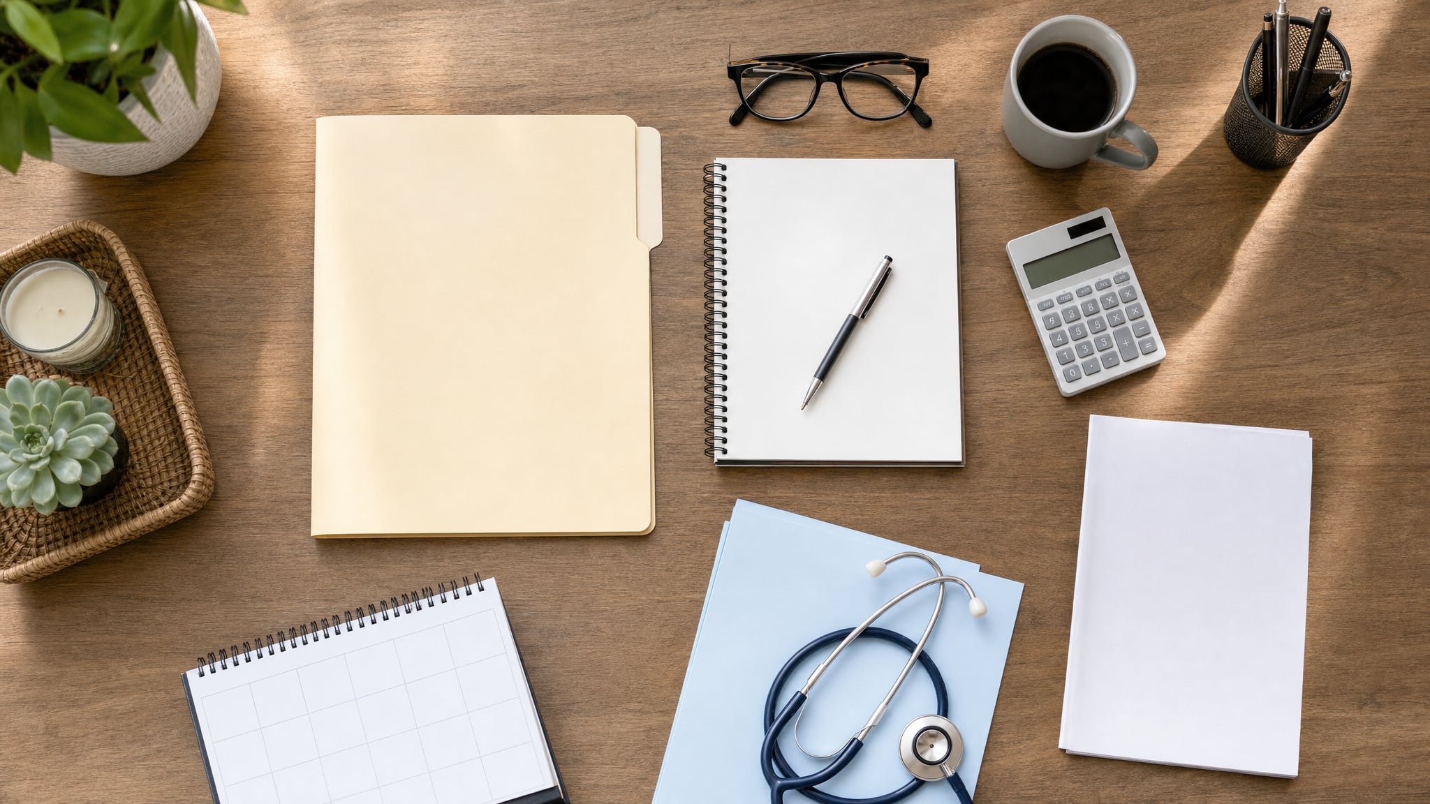 A care-planning folder, notebook, calendar, calculator, and health-care records arranged on a home desk.