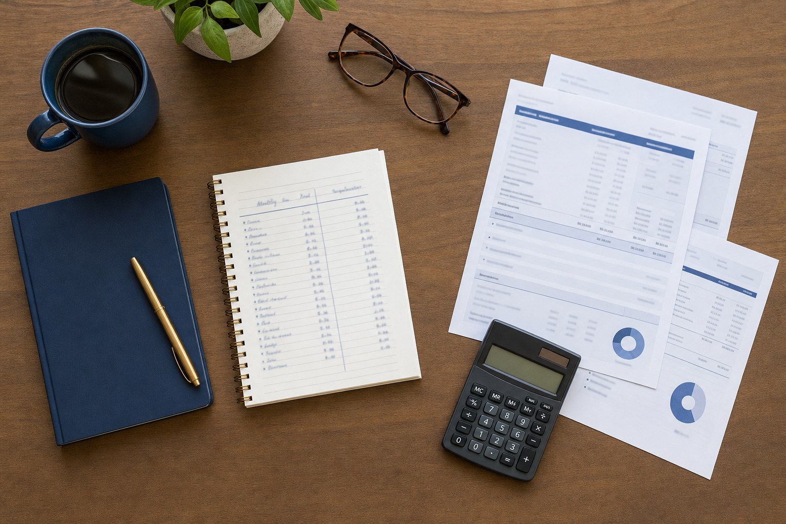 A household retirement planning desk with a notebook, calculator, account statements, glasses, and coffee.