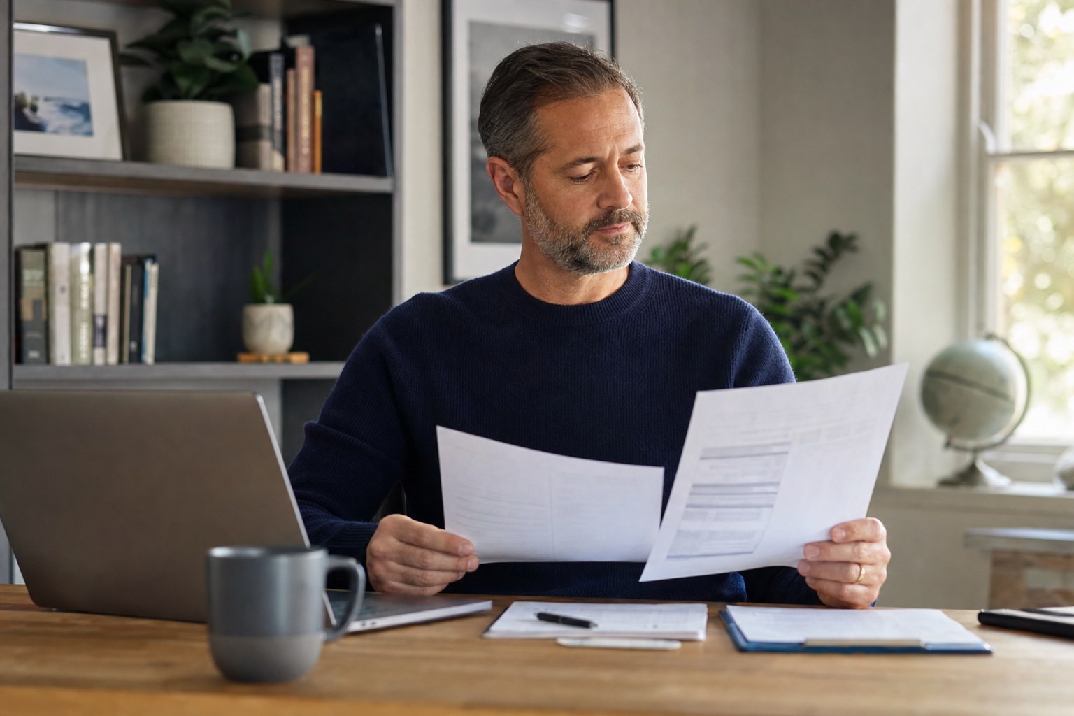 A professional in his 40s reviewing workplace benefits and retirement paperwork at a home office desk.